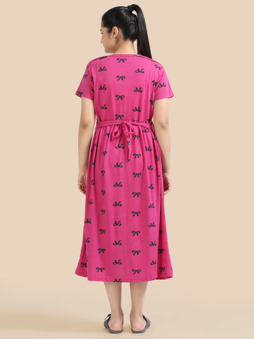 Zipless Feeding Maternity Dress - Stylish Pink - Easy Nursing