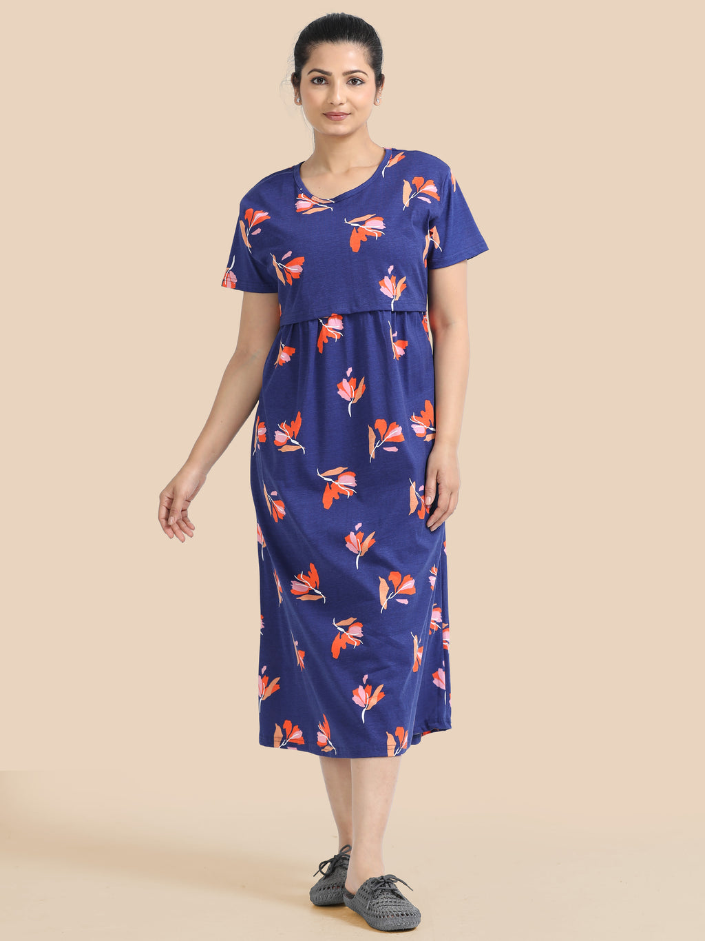 Zipless Feeding Maternity Dress - Sky Blue - Floral Print