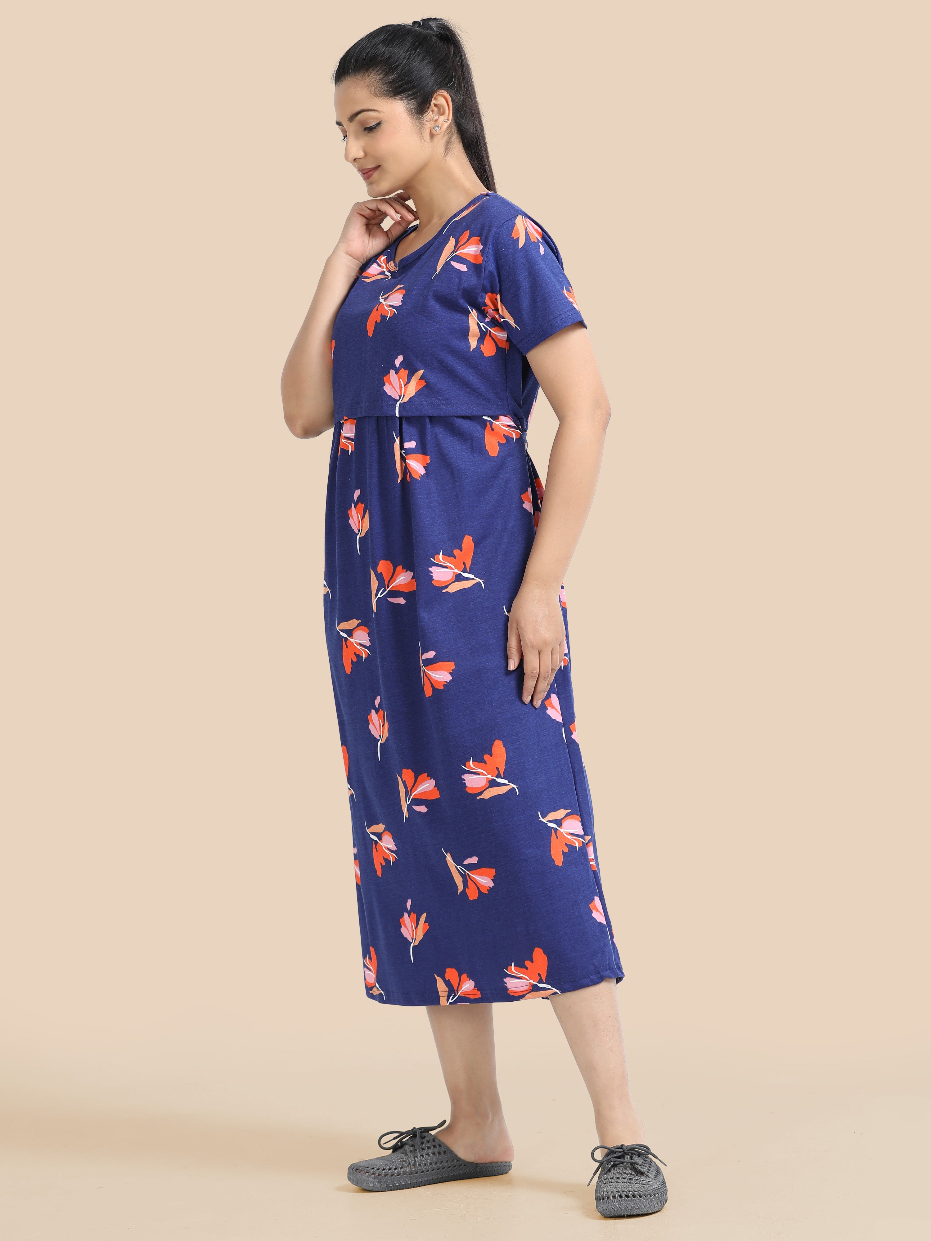 Zipless Feeding Maternity Dress - Sky Blue - Floral Print
