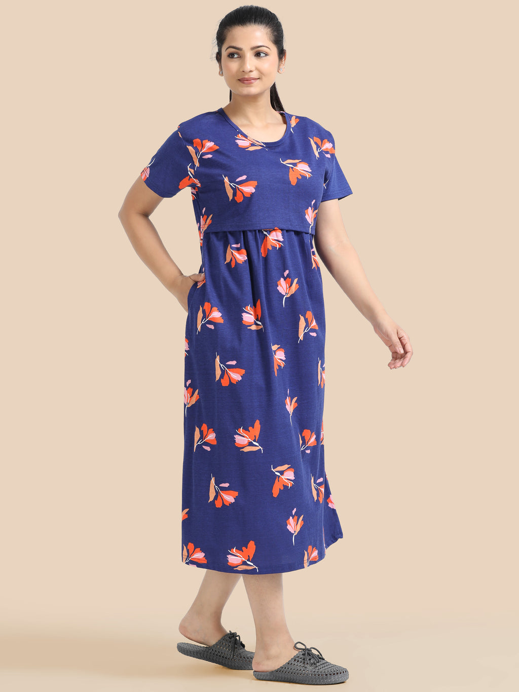 Zipless Feeding Maternity Dress - Sky Blue - Floral Print
