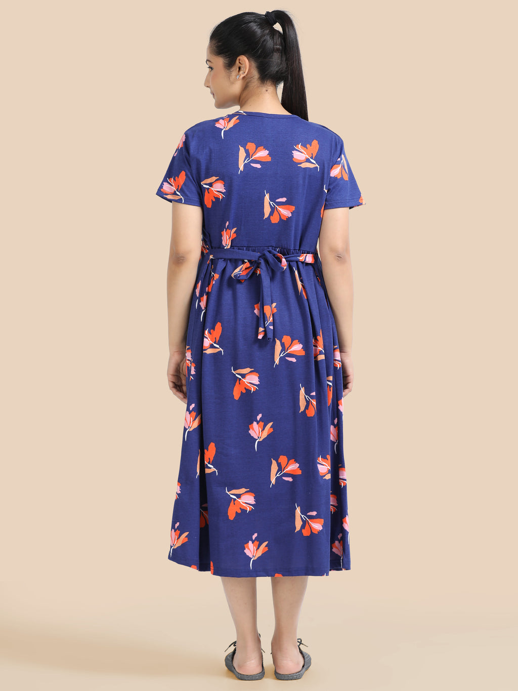 Zipless Feeding Maternity Dress - Sky Blue - Floral Print