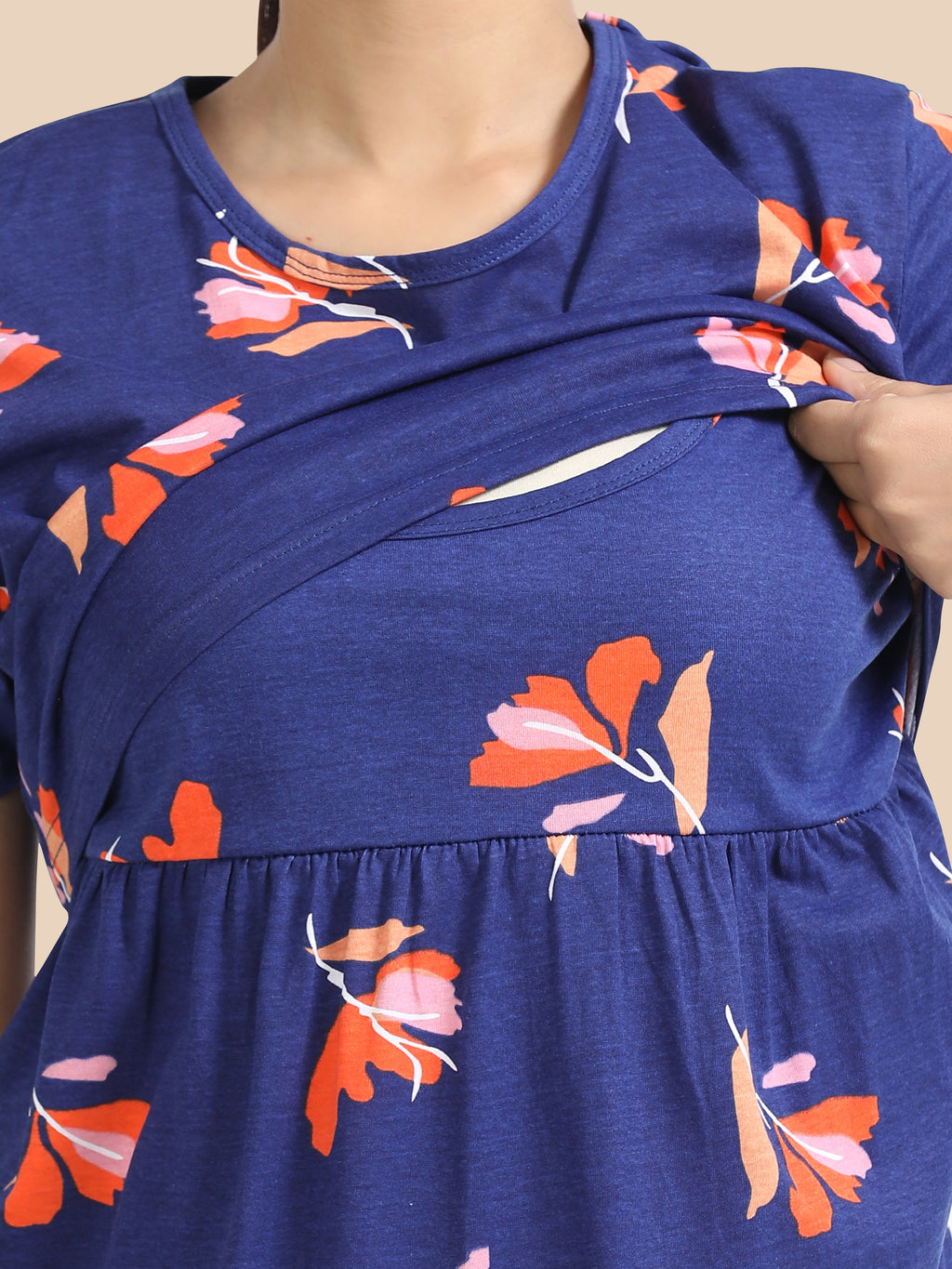 Zipless Feeding Maternity Dress - Sky Blue - Floral Print