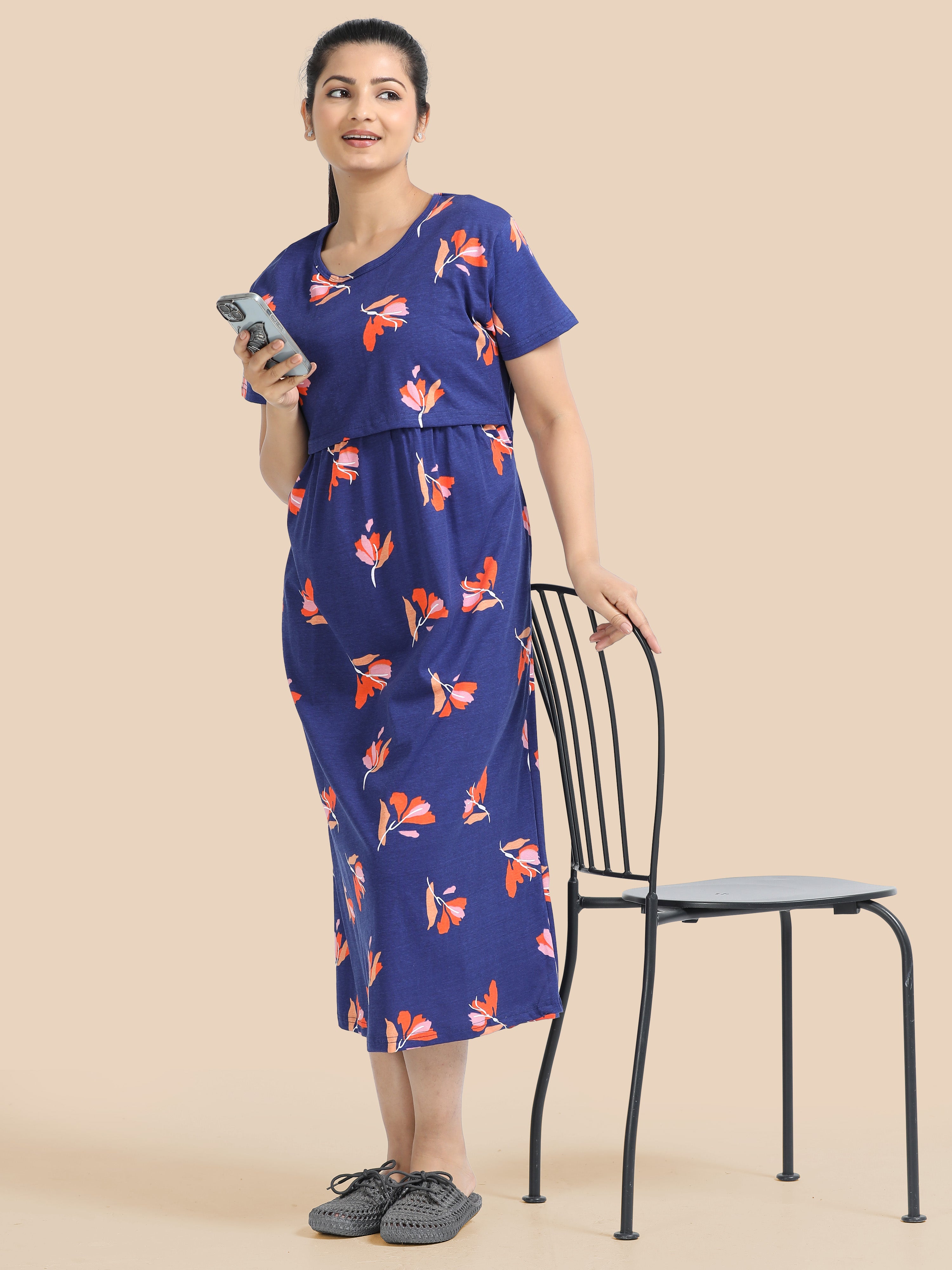 Zipless Feeding Maternity Dress - Sky Blue - Floral Print
