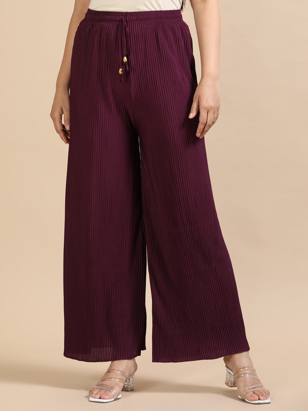 Women’s Maroon Pleated Wide-Leg Palazzo Pants