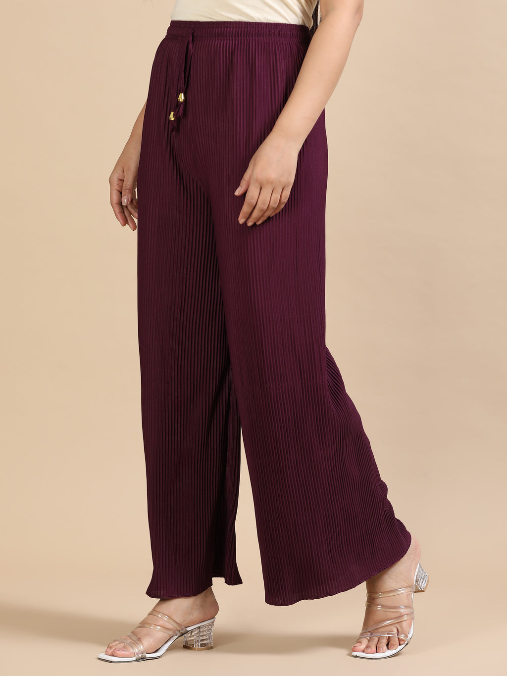 Women’s Maroon Pleated Wide-Leg Palazzo Pants