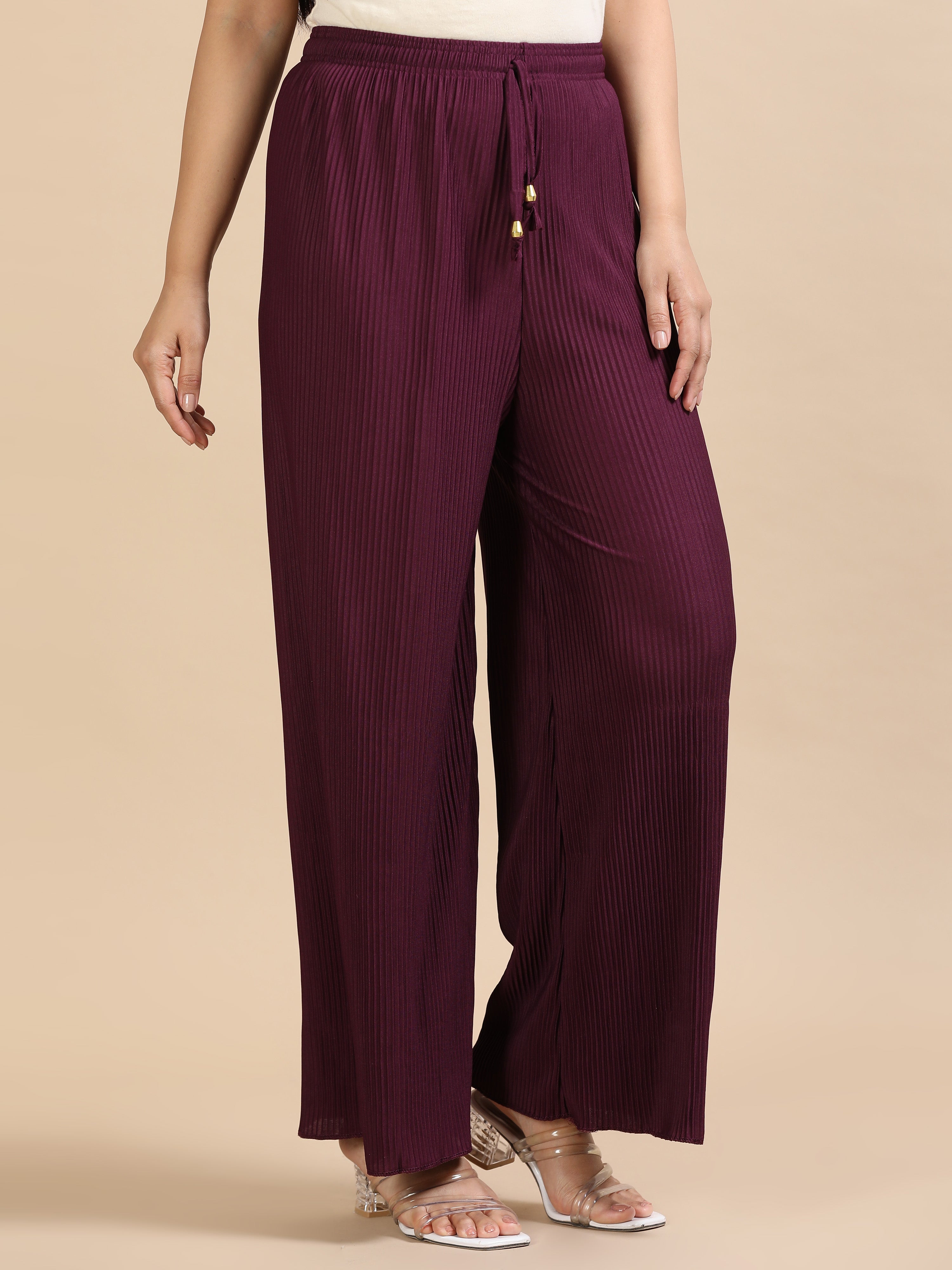 Women’s Maroon Pleated Wide-Leg Palazzo Pants