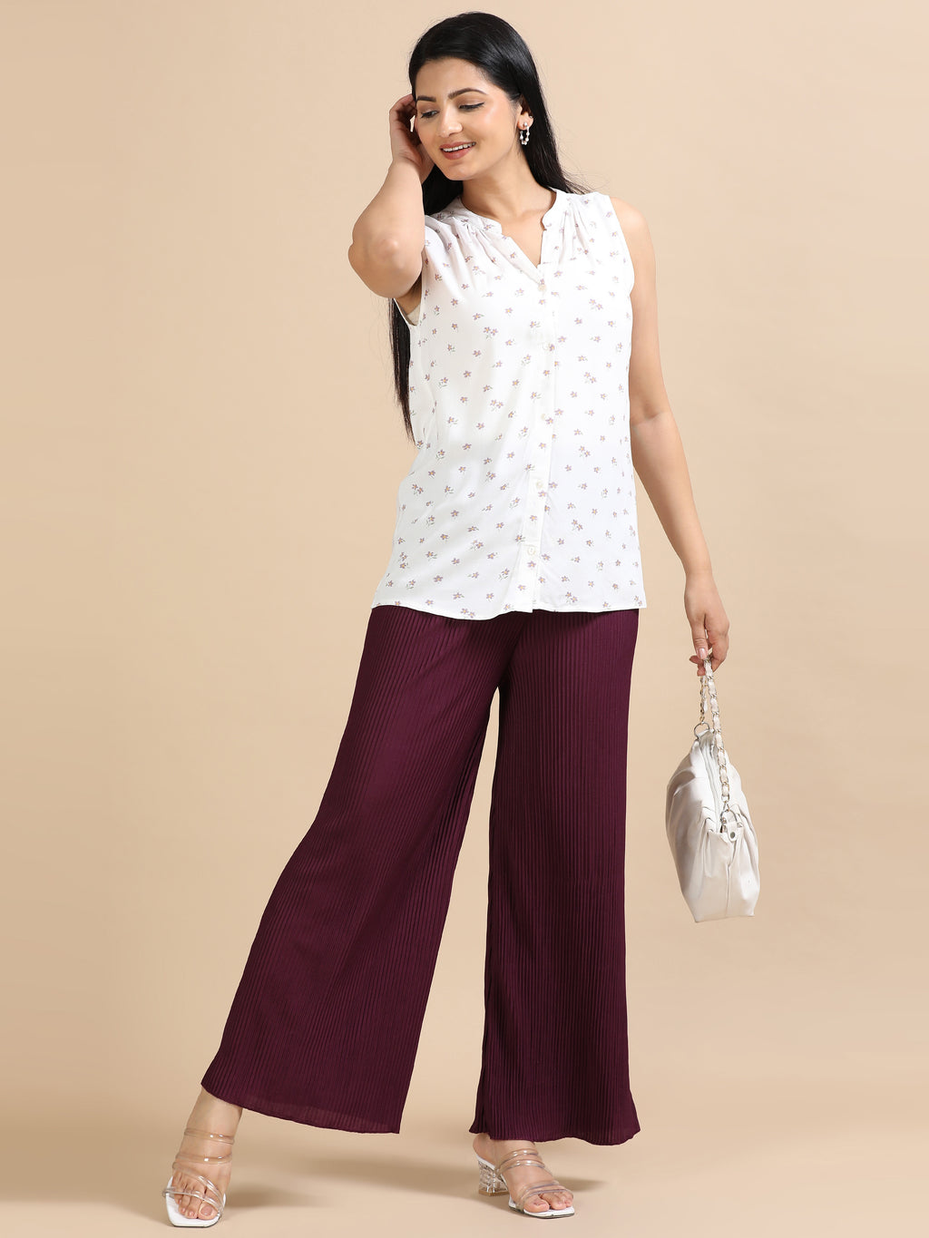 Women’s Maroon Pleated Wide-Leg Palazzo Pants