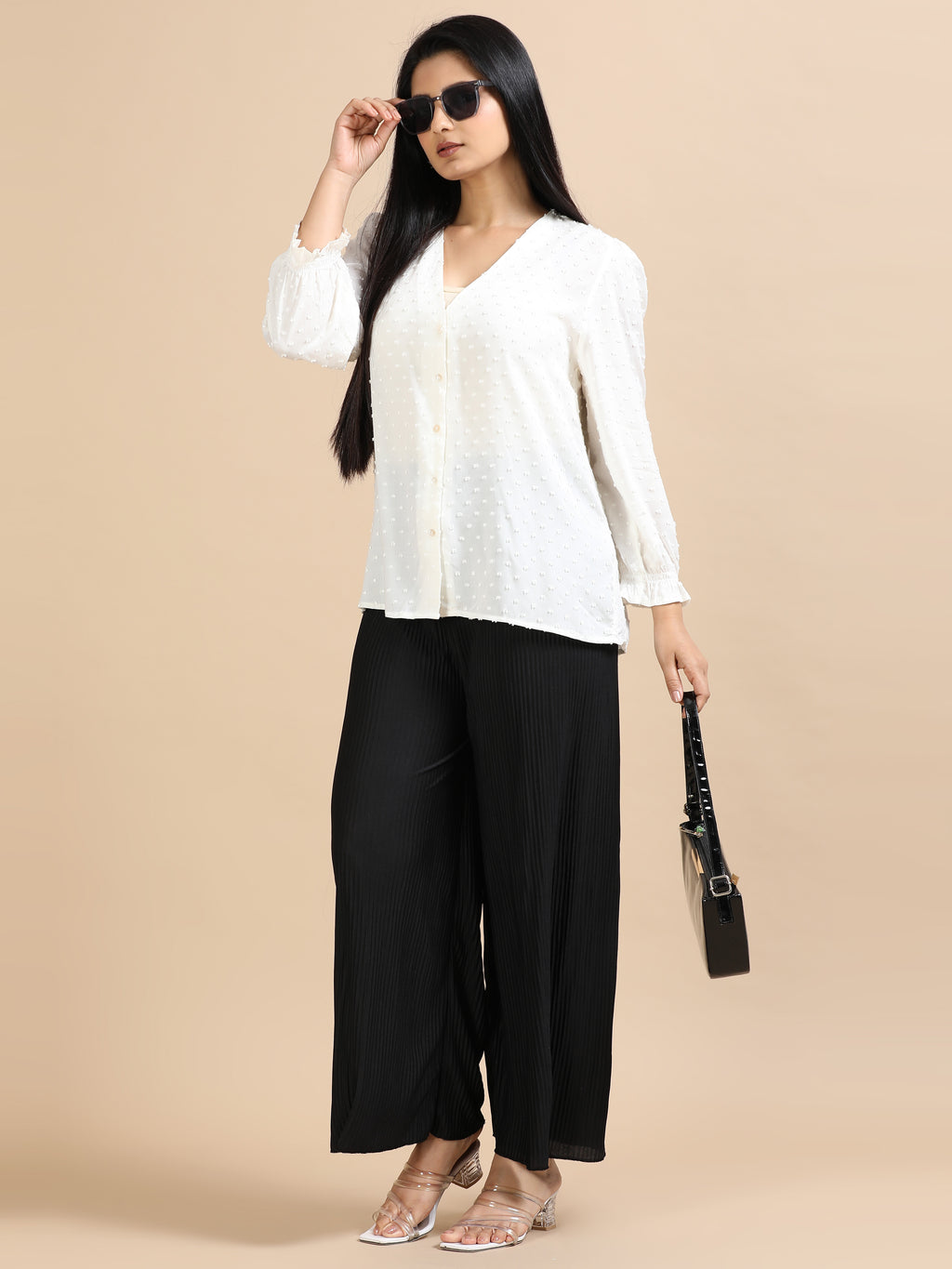 Women’s Black Pleated Wide-Leg Palazzo Pants