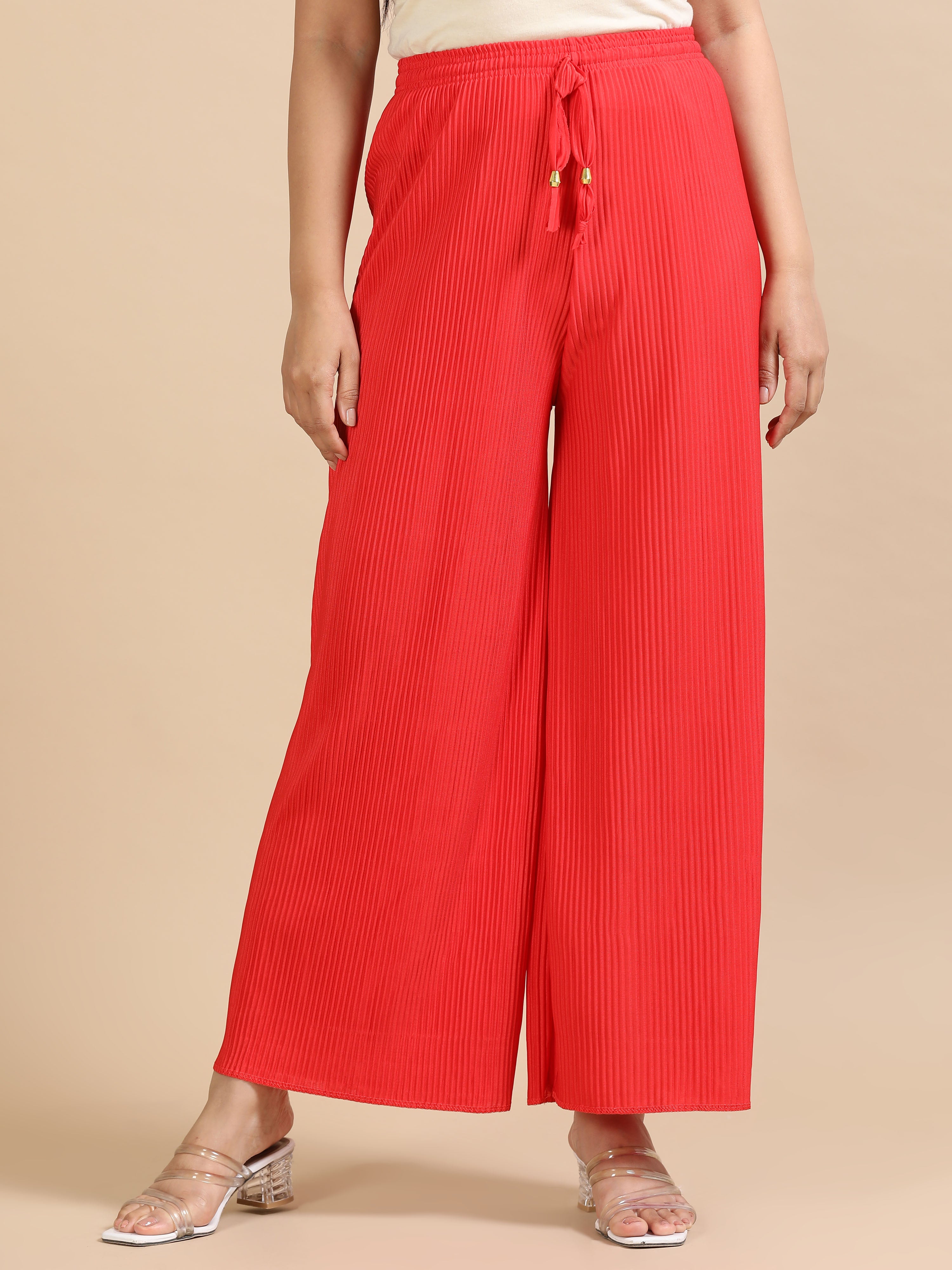 Women’s Red Pleated Wide-Leg Palazzo Pants with Drawstring Waist