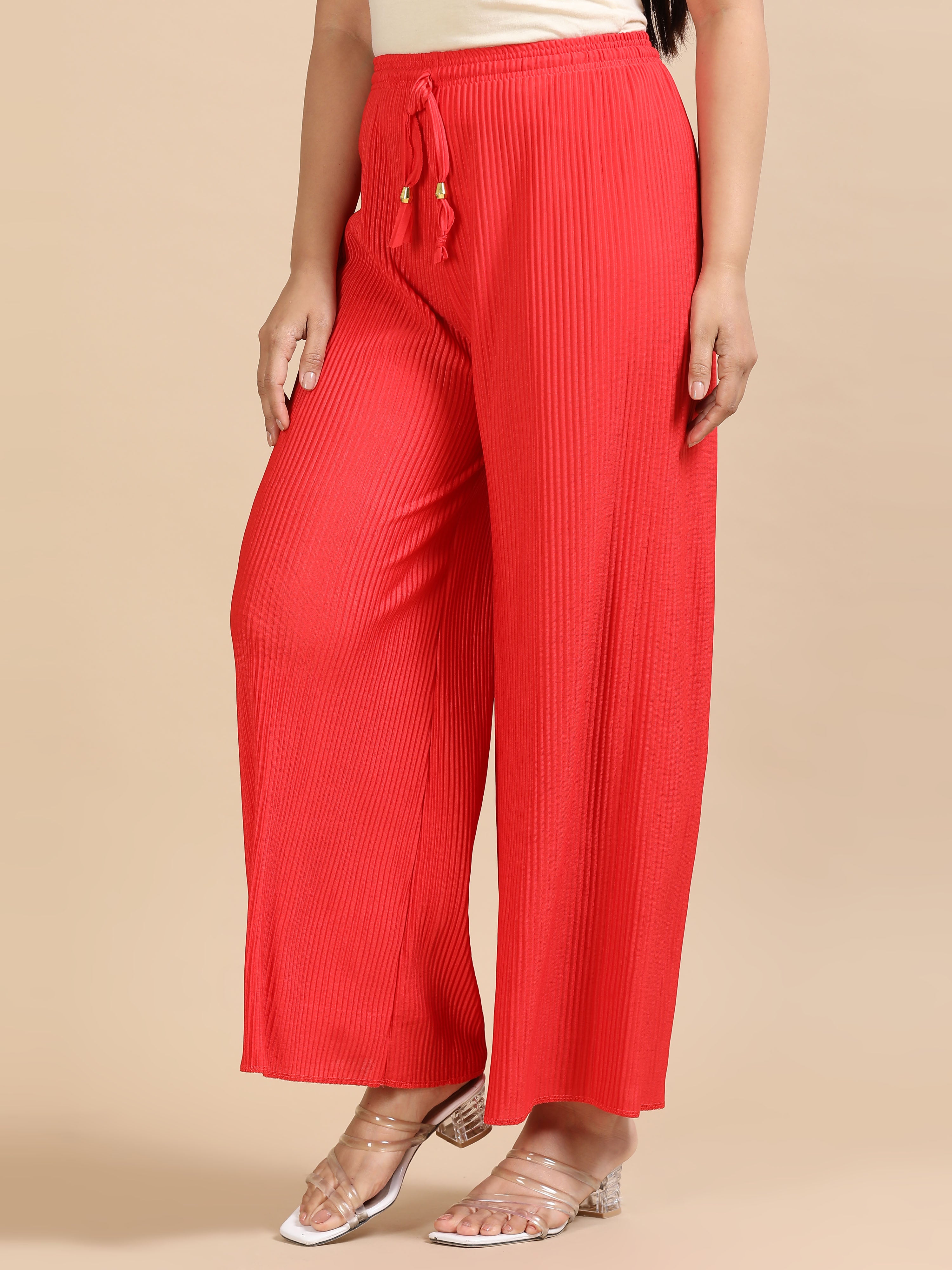 Women’s Red Pleated Wide-Leg Palazzo Pants with Drawstring Waist