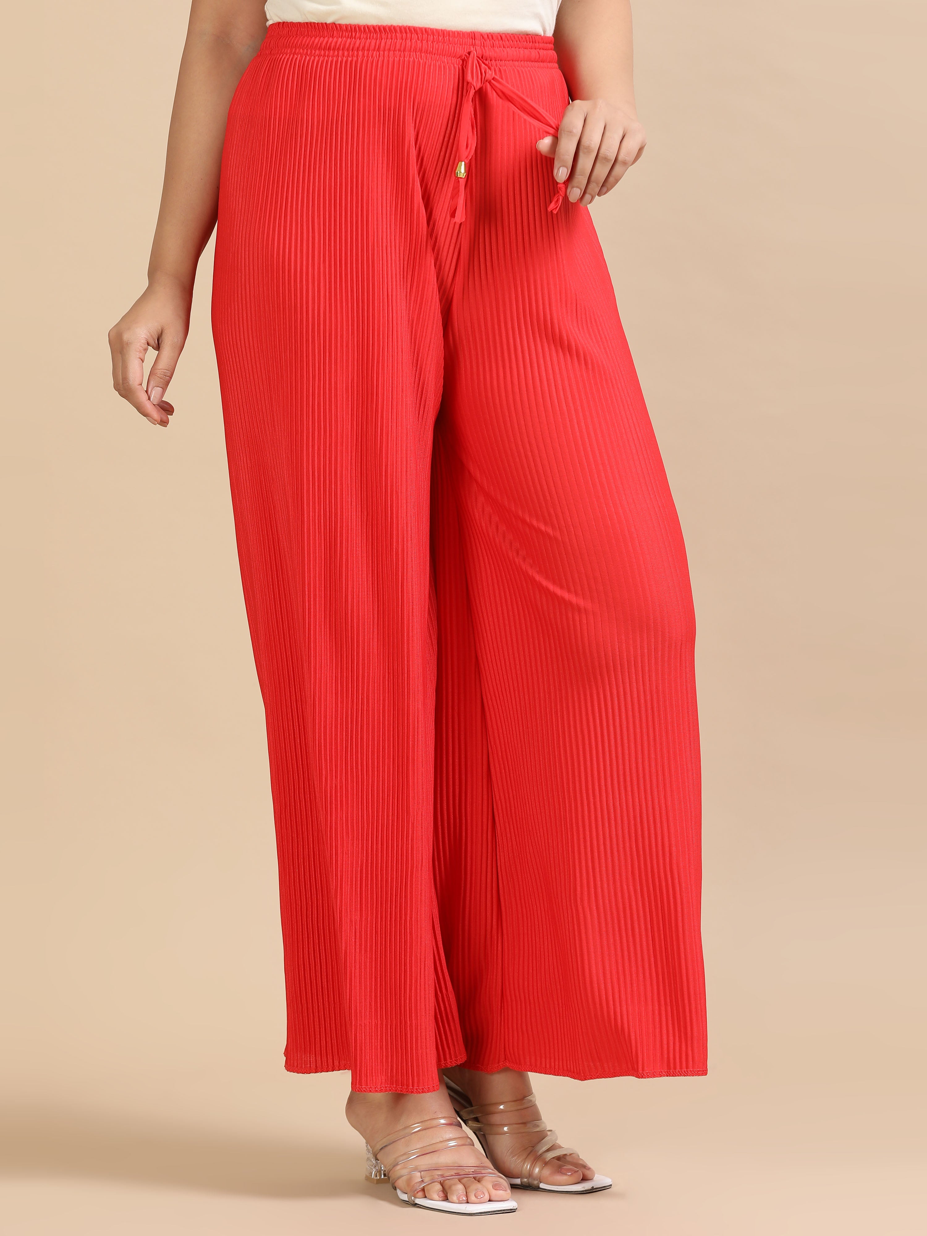 Women’s Red Pleated Wide-Leg Palazzo Pants with Drawstring Waist