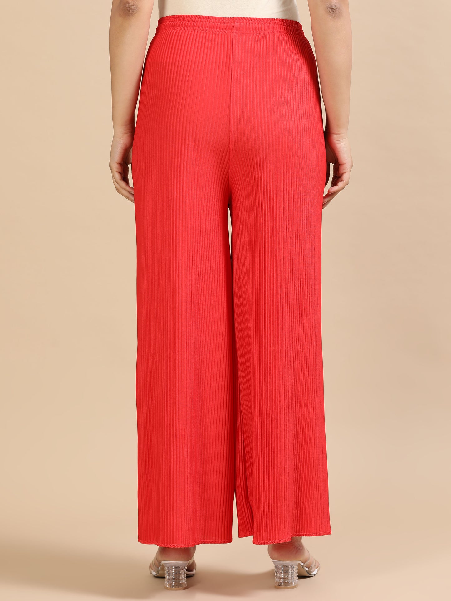 Women’s Red Pleated Wide-Leg Palazzo Pants with Drawstring Waist