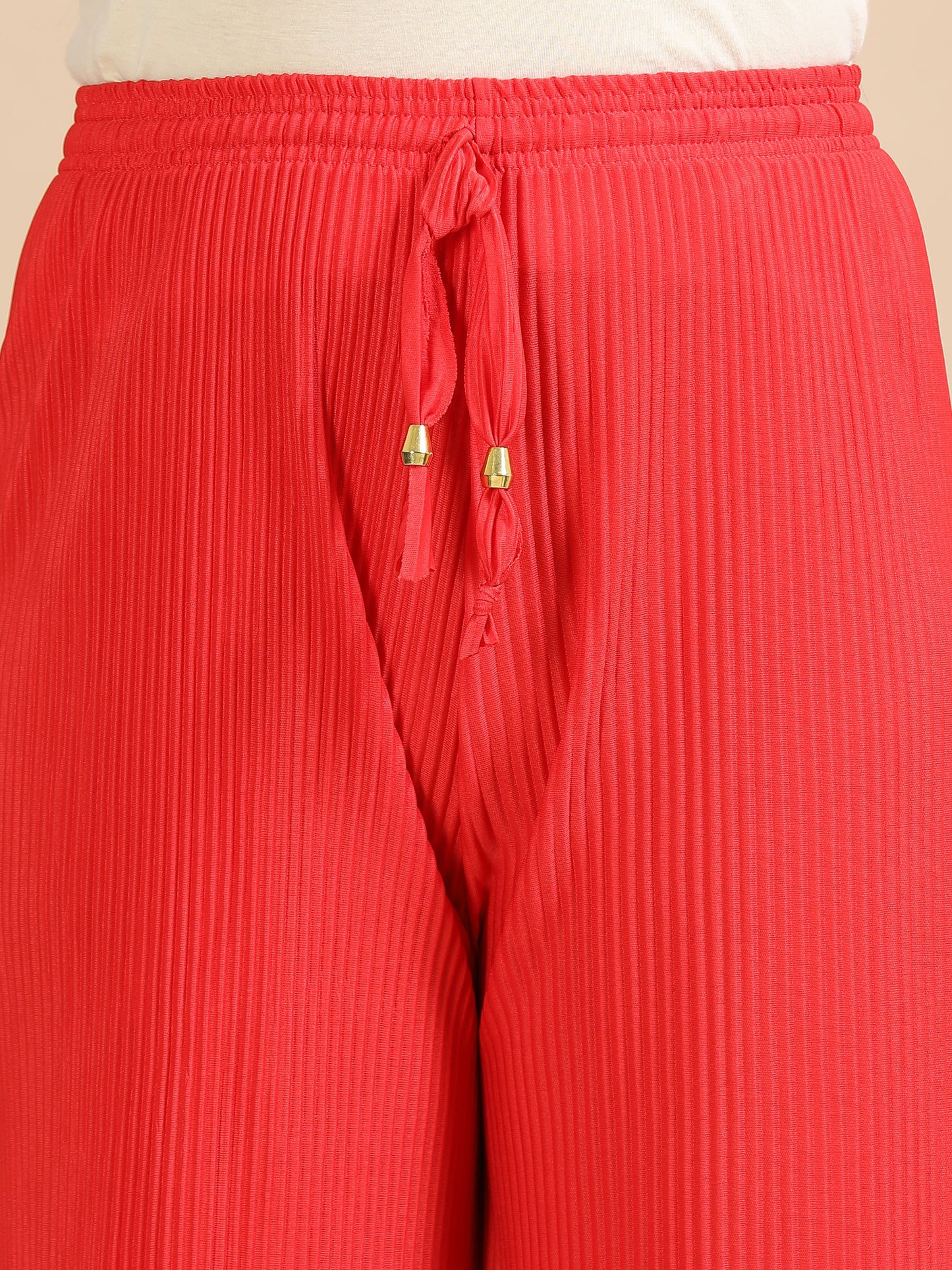 Women’s Red Pleated Wide-Leg Palazzo Pants with Drawstring Waist