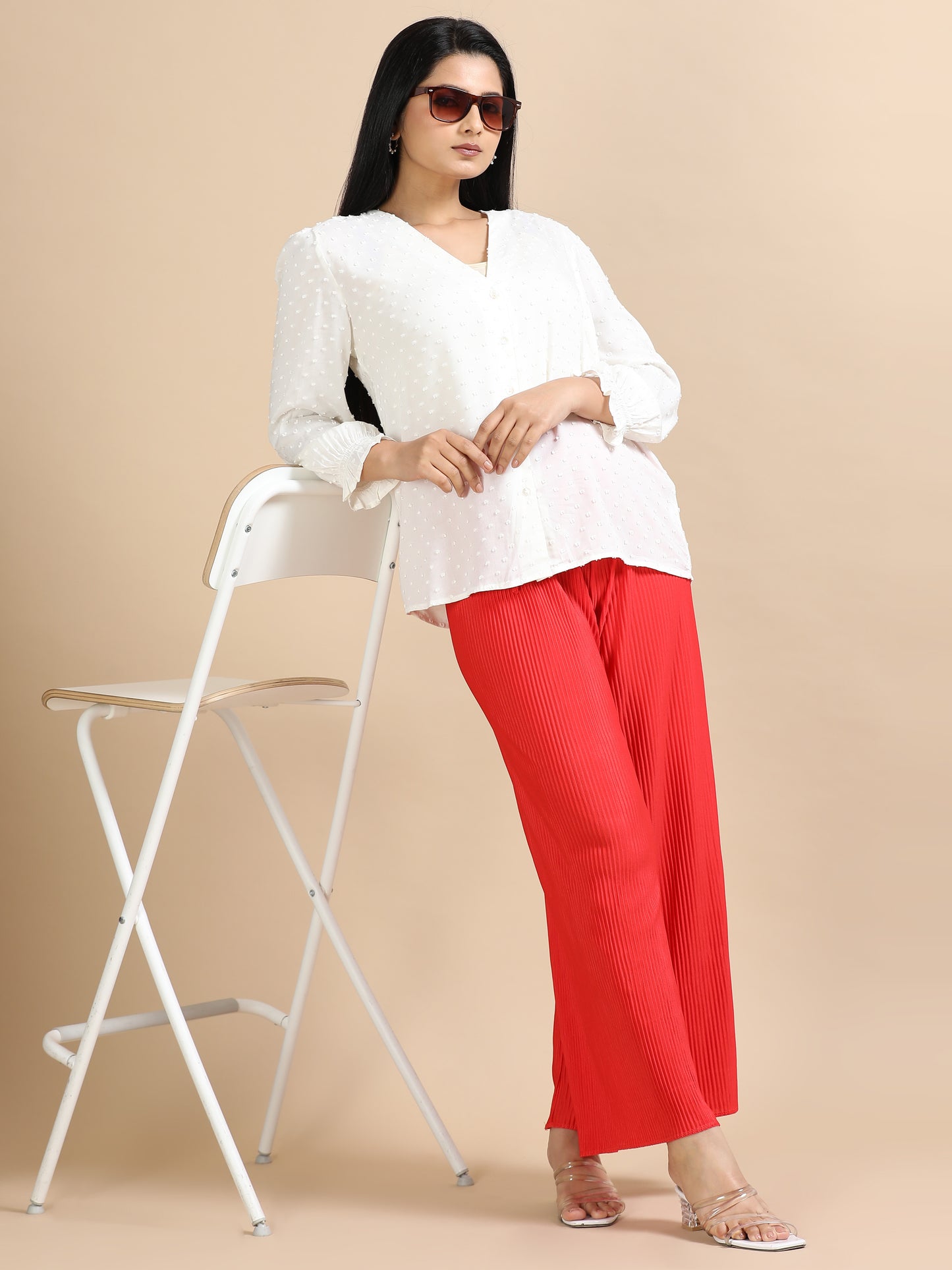 Women’s Red Pleated Wide-Leg Palazzo Pants with Drawstring Waist
