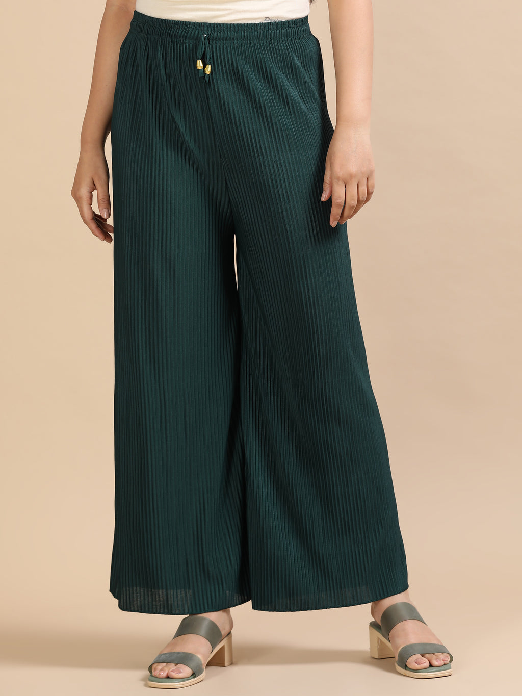 Women’s Dark Green Pleated Wide-Leg Palazzo Pants