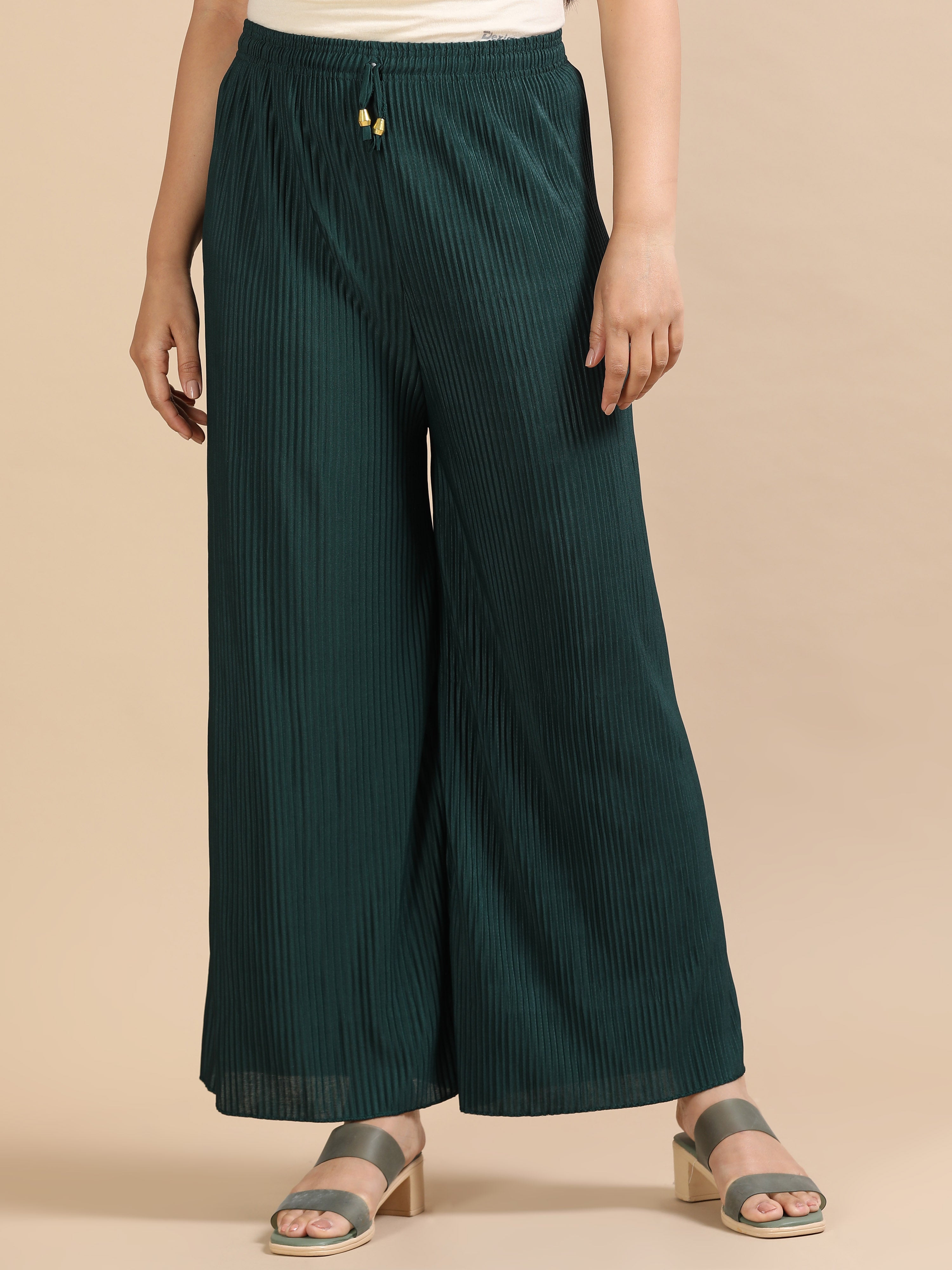 Women’s Dark Green Pleated Wide-Leg Palazzo Pants