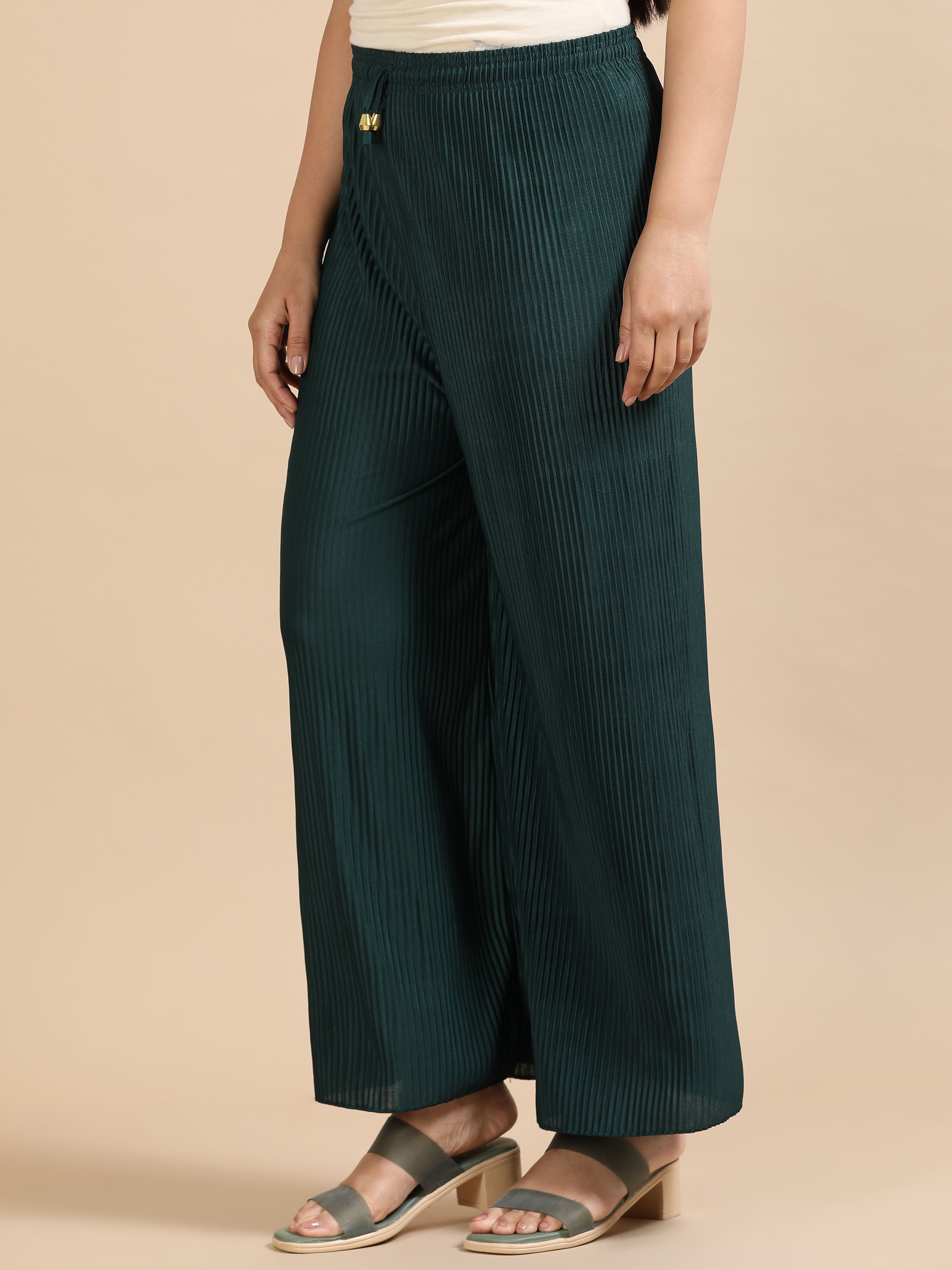 Women’s Dark Green Pleated Wide-Leg Palazzo Pants