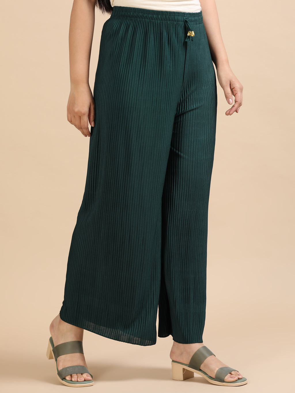Women’s Dark Green Pleated Wide-Leg Palazzo Pants