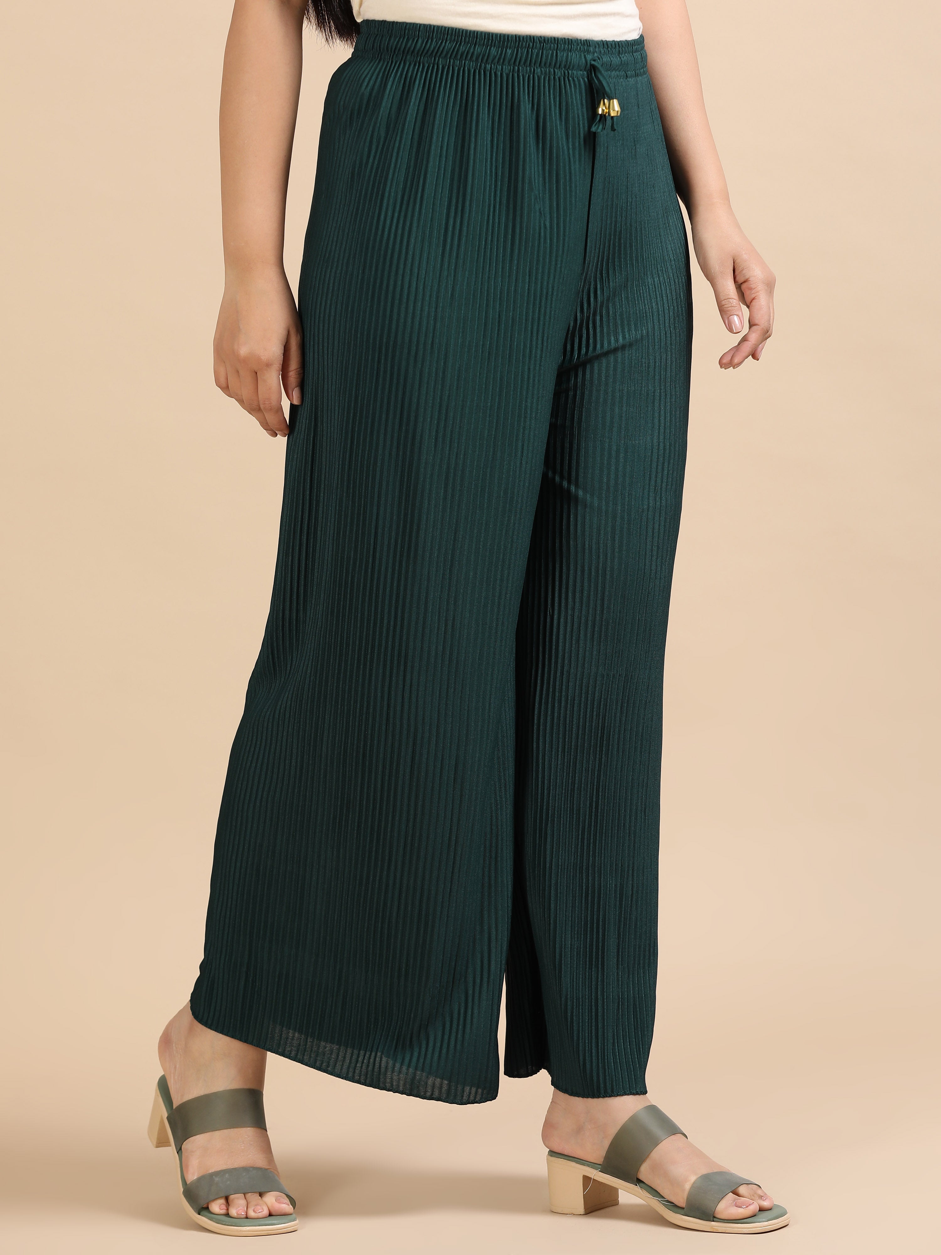 Women’s Dark Green Pleated Wide-Leg Palazzo Pants