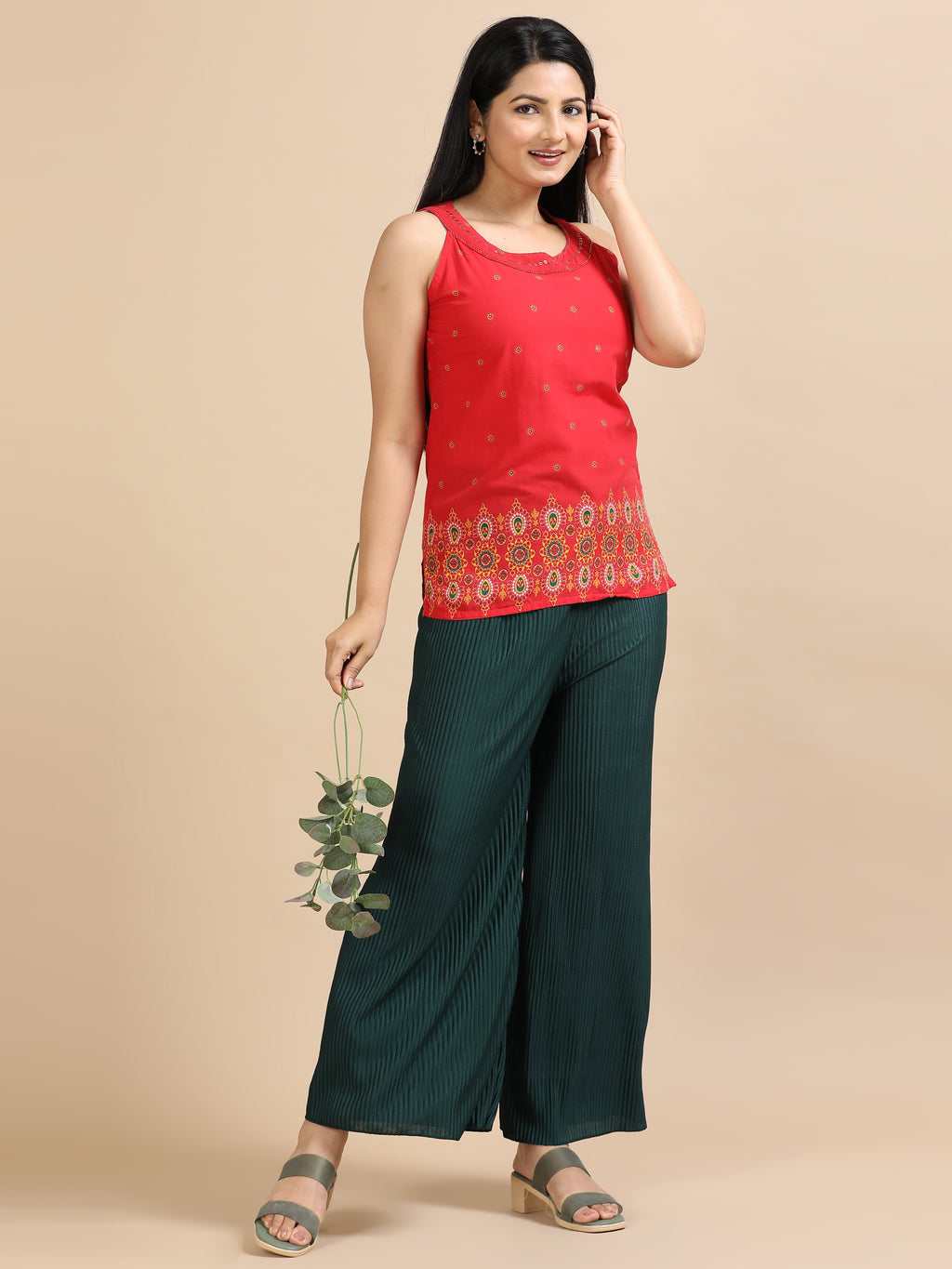 Women’s Dark Green Pleated Wide-Leg Palazzo Pants