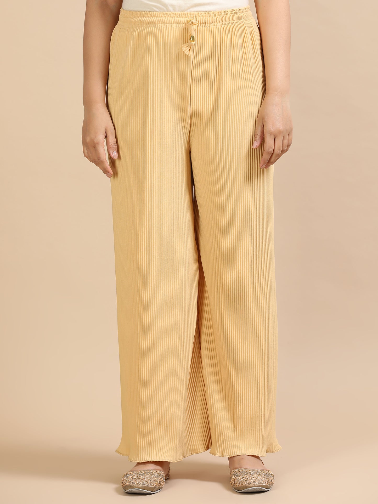 Women’s Beige Pleated Wide-Leg Palazzo Pants with Drawstring Waist