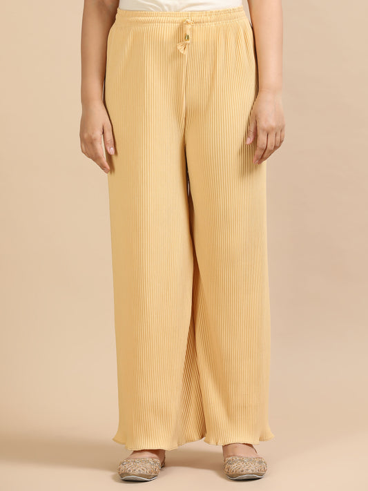 Women’s Beige Pleated Wide-Leg Palazzo Pants with Drawstring Waist