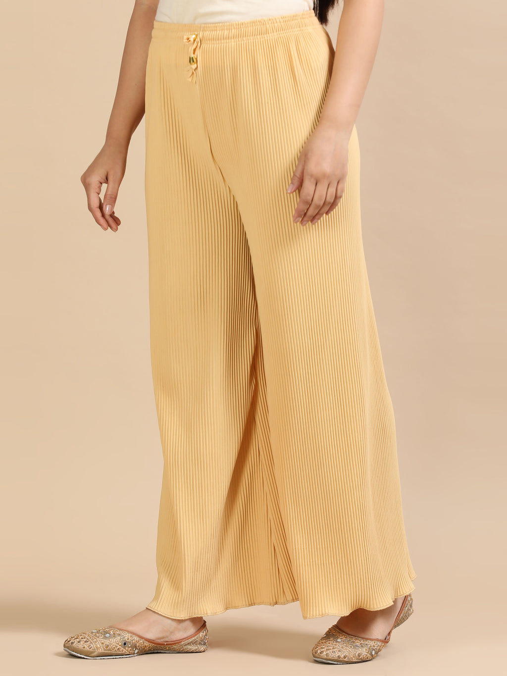 Women’s Beige Pleated Wide-Leg Palazzo Pants with Drawstring Waist