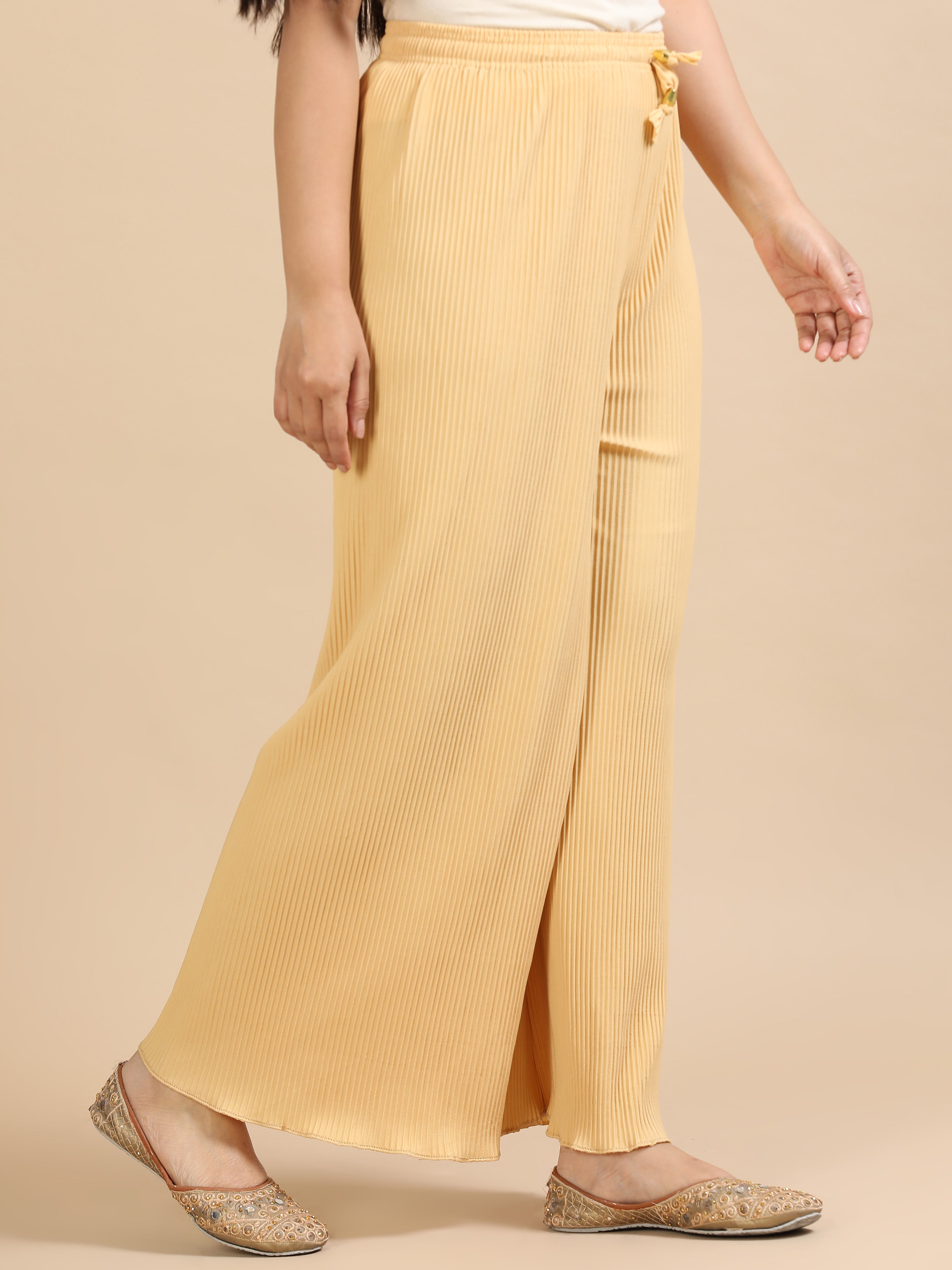 Women’s Beige Pleated Wide-Leg Palazzo Pants with Drawstring Waist