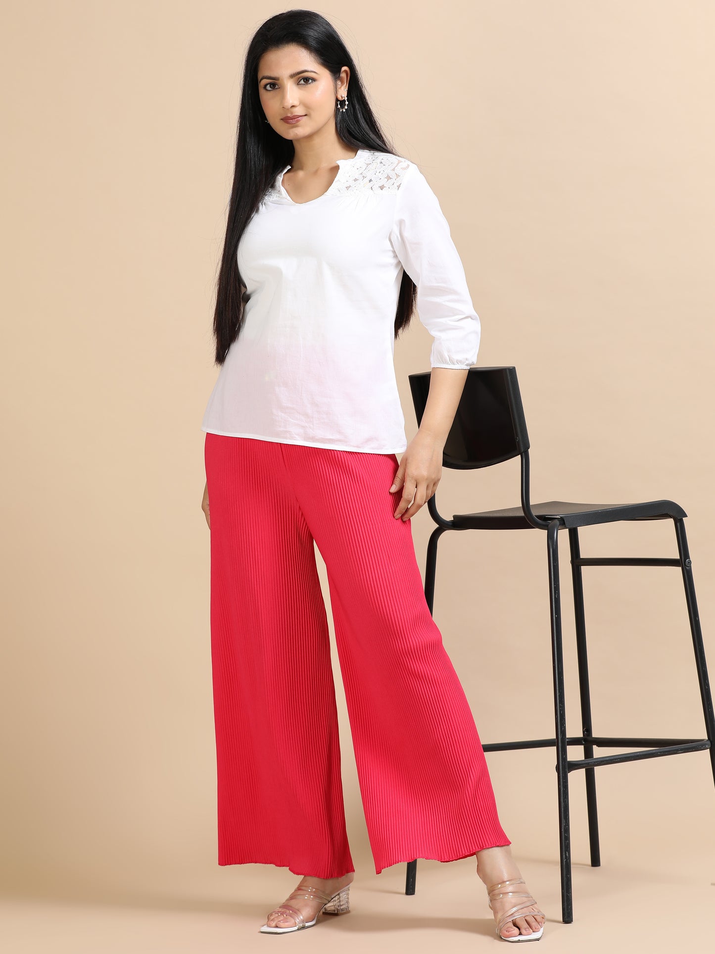 Women’s Pink Pleated Wide-Leg Palazzo Pants