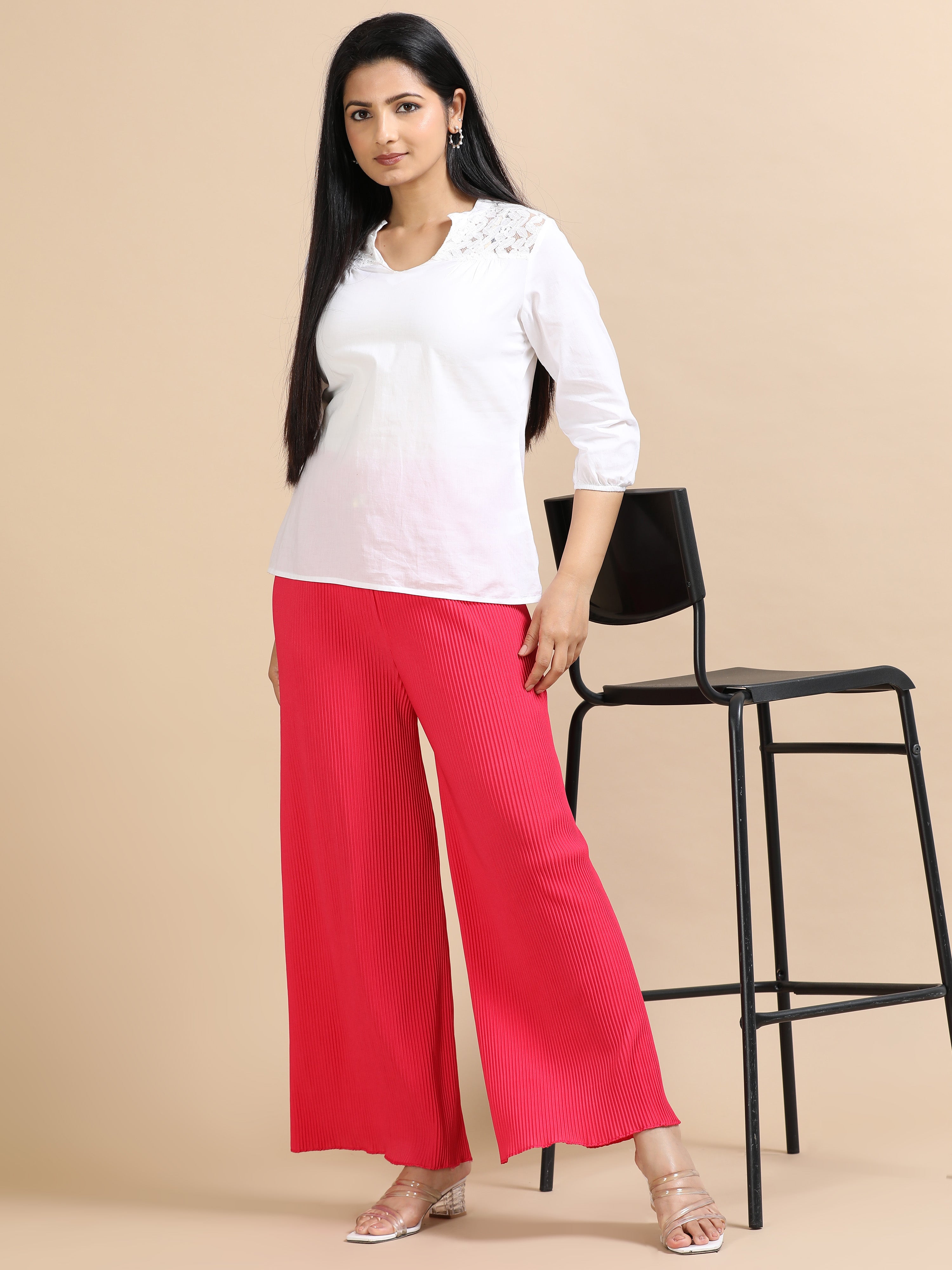 Women’s Pink Pleated Wide-Leg Palazzo Pants