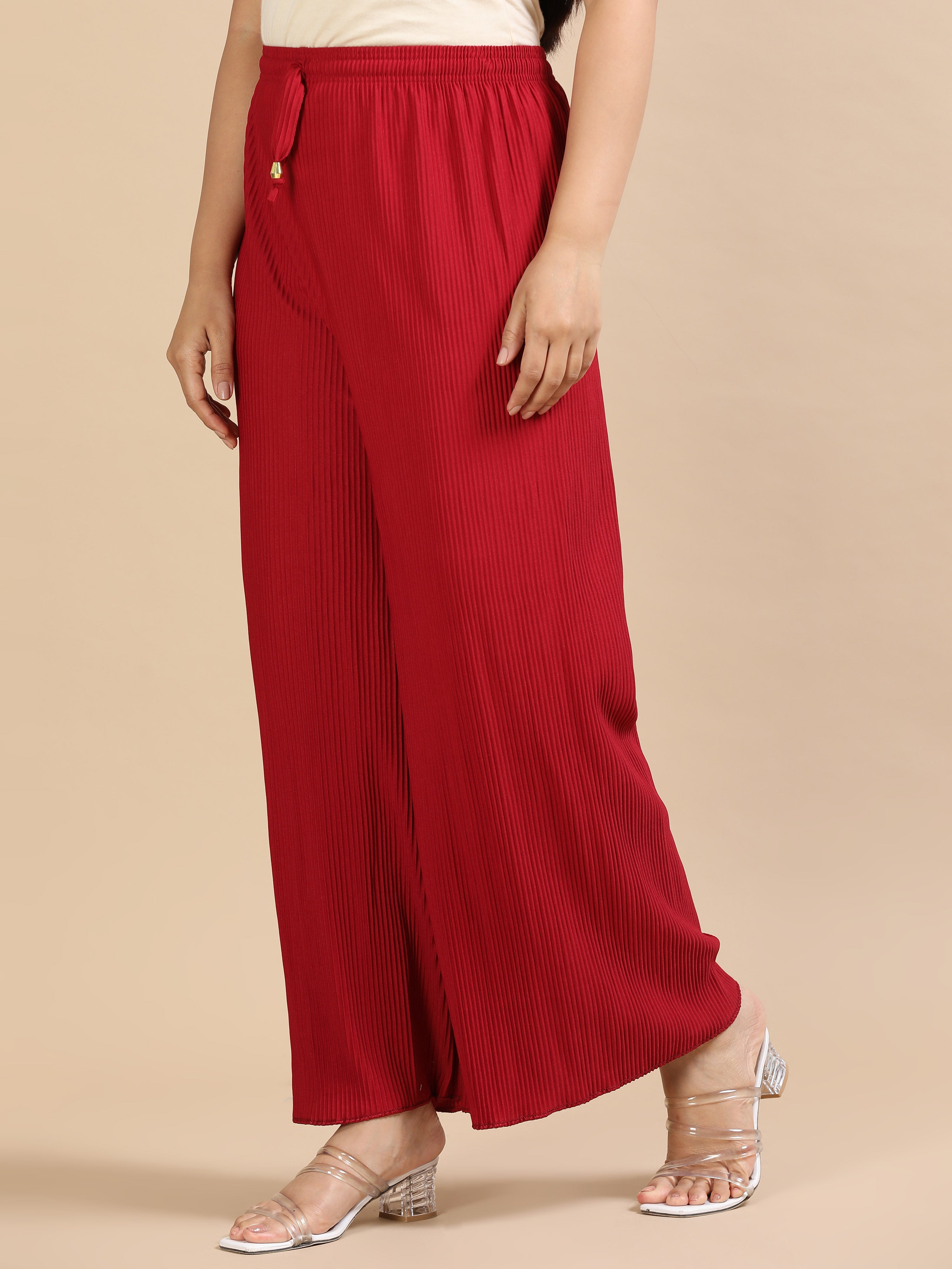 Women’s Maroon Pleated Wide-Leg Palazzo Pants with Drawstring Waist
