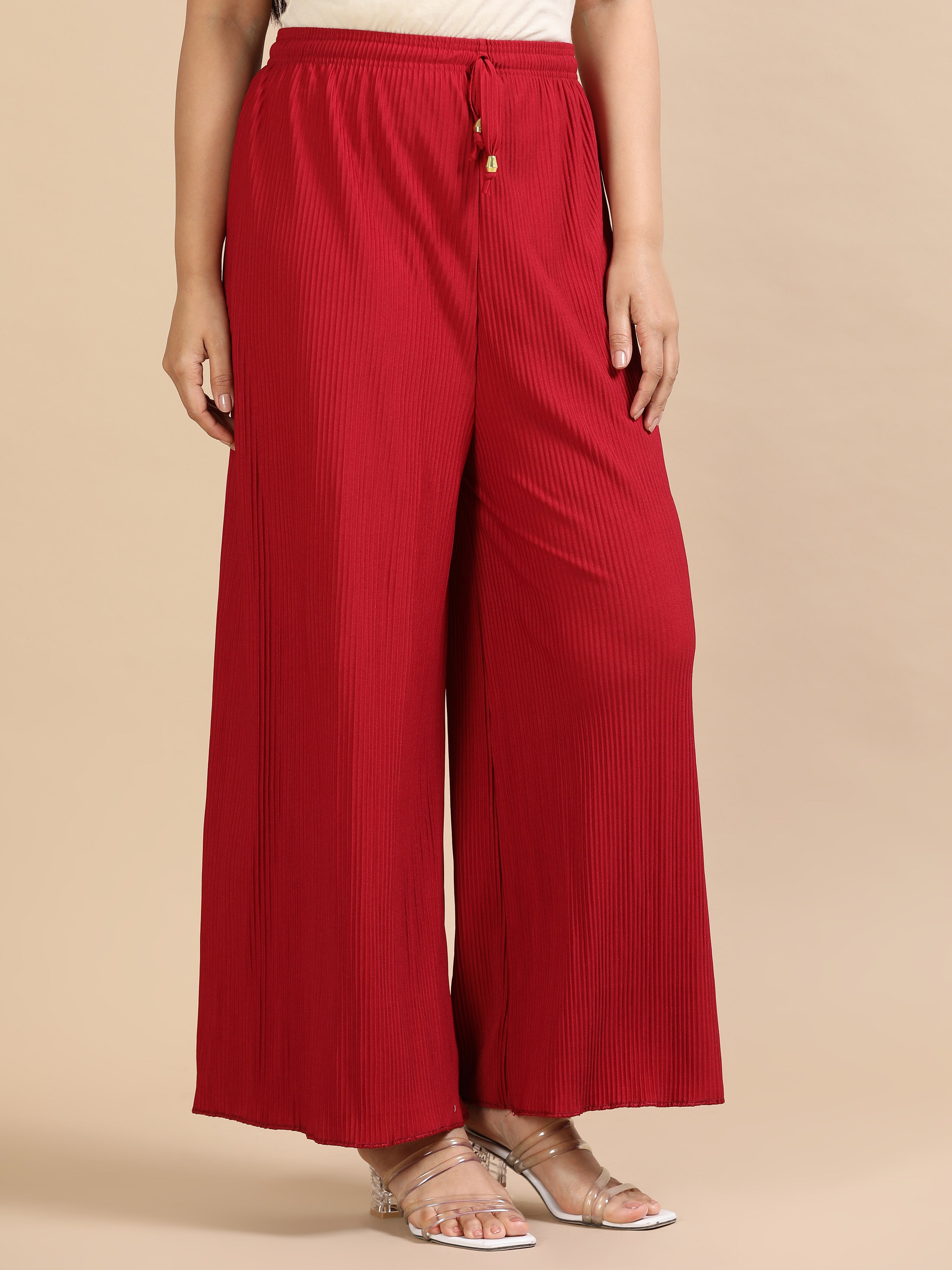 Women’s Maroon Pleated Wide-Leg Palazzo Pants with Drawstring Waist