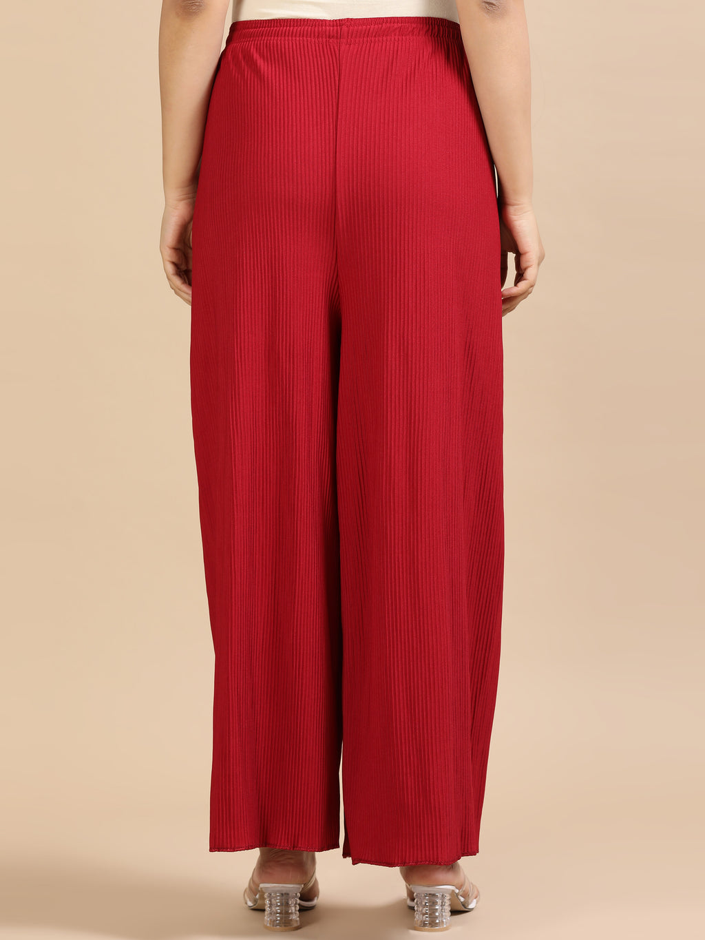 Women’s Maroon Pleated Wide-Leg Palazzo Pants with Drawstring Waist