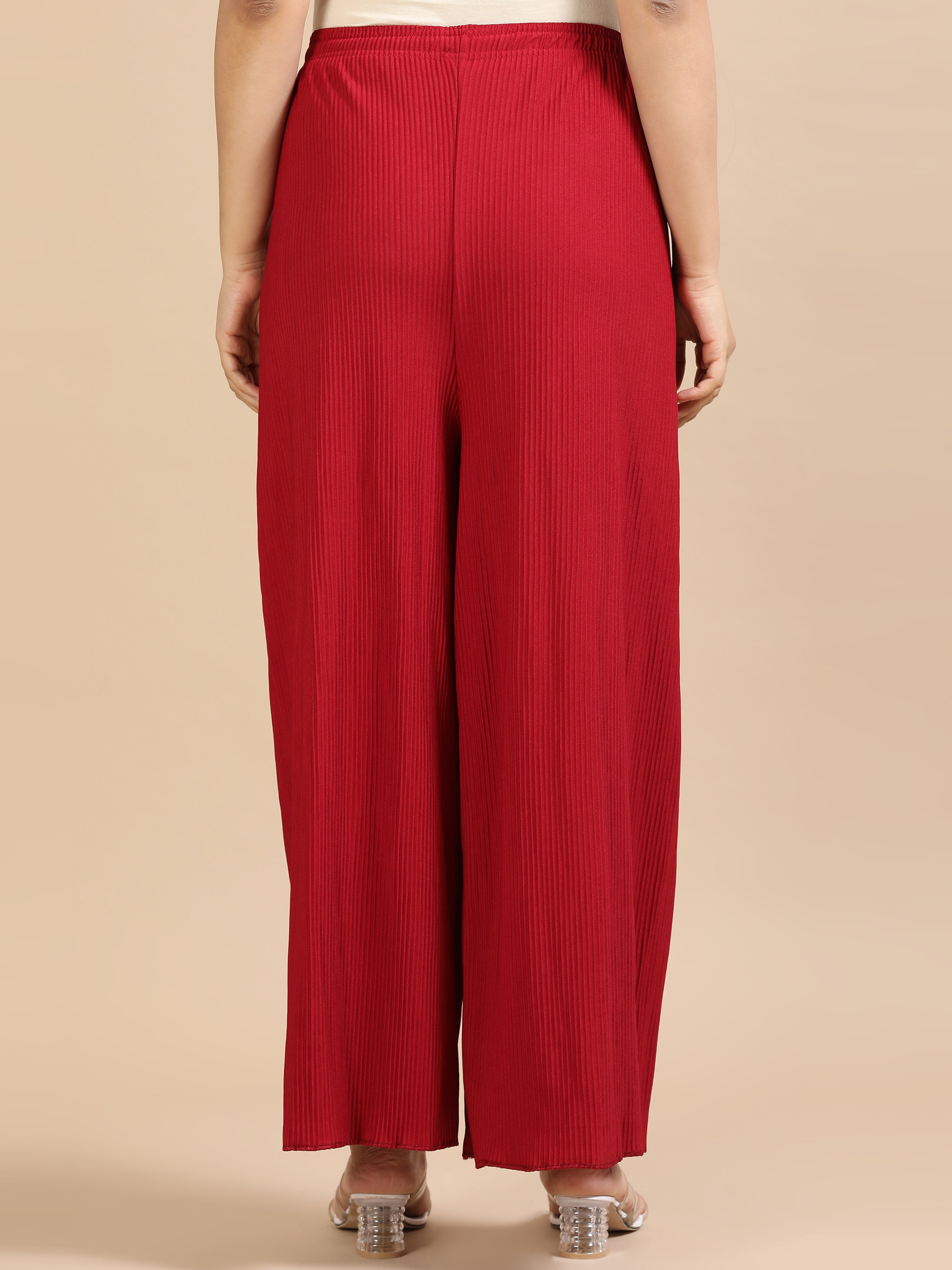 Women’s Maroon Pleated Wide-Leg Palazzo Pants with Drawstring Waist