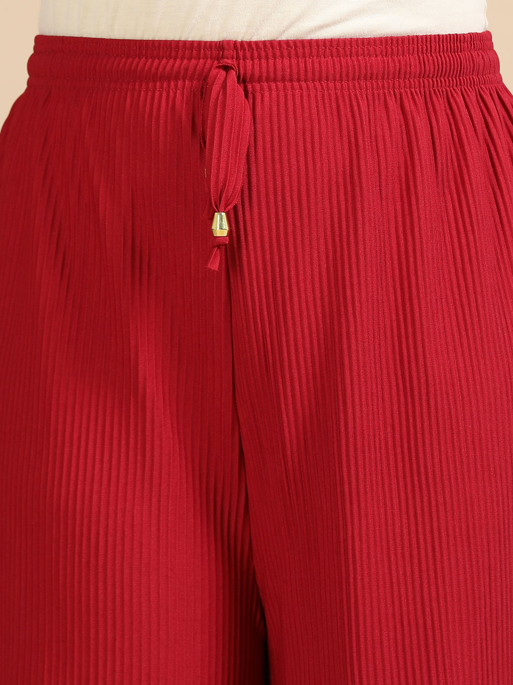 Women’s Maroon Pleated Wide-Leg Palazzo Pants with Drawstring Waist