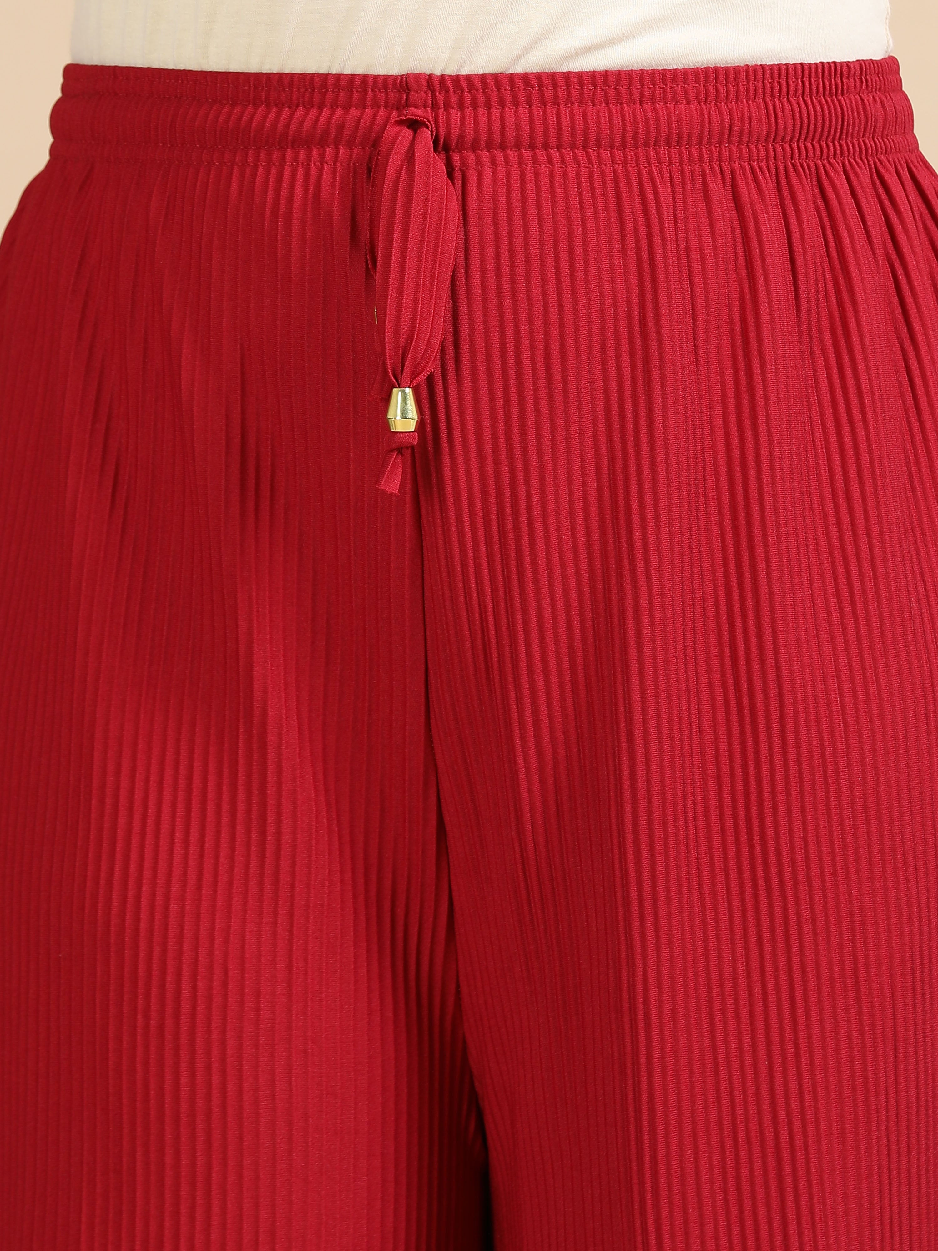 Women’s Maroon Pleated Wide-Leg Palazzo Pants with Drawstring Waist