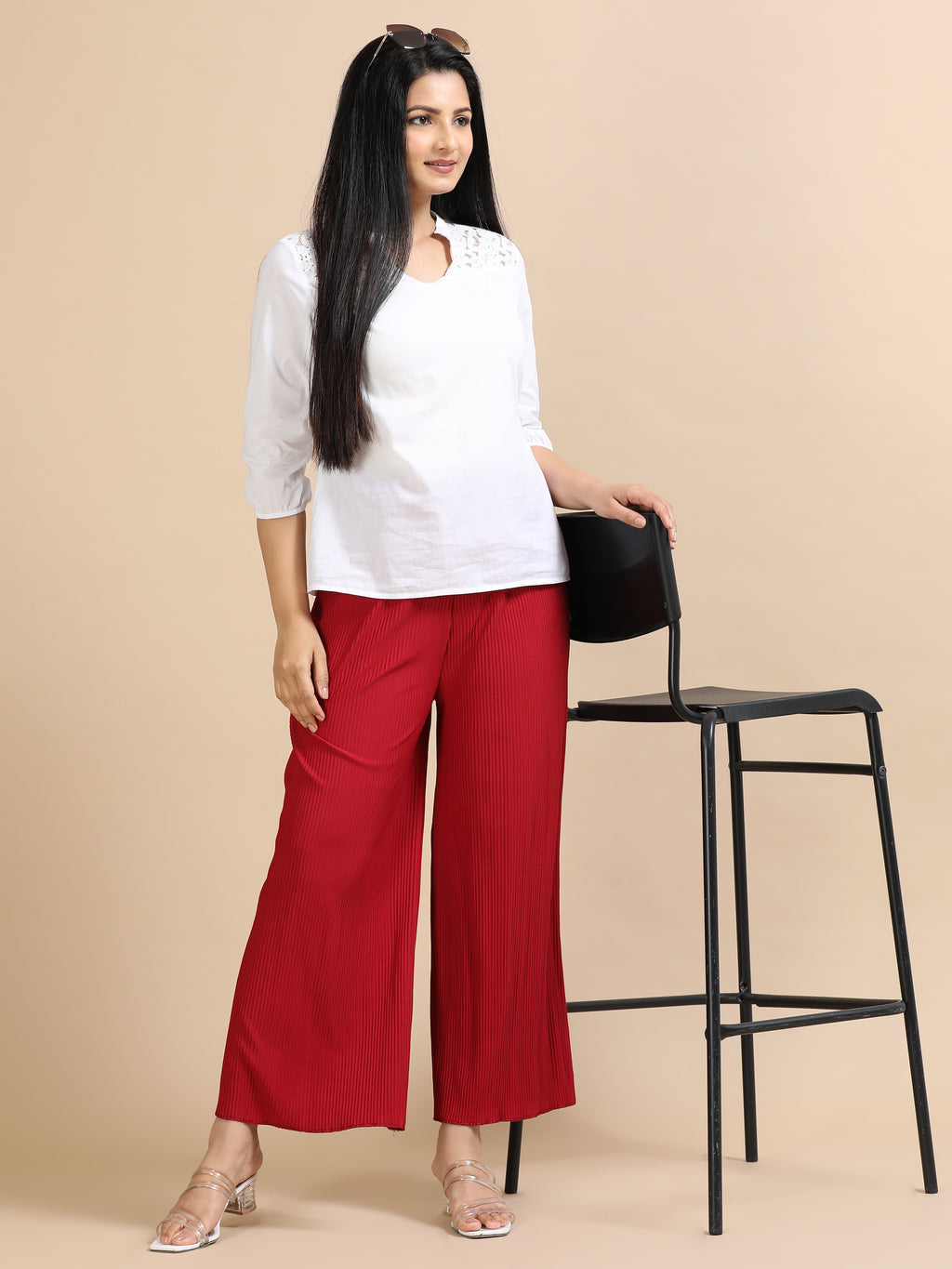 Women’s Maroon Pleated Wide-Leg Palazzo Pants with Drawstring Waist