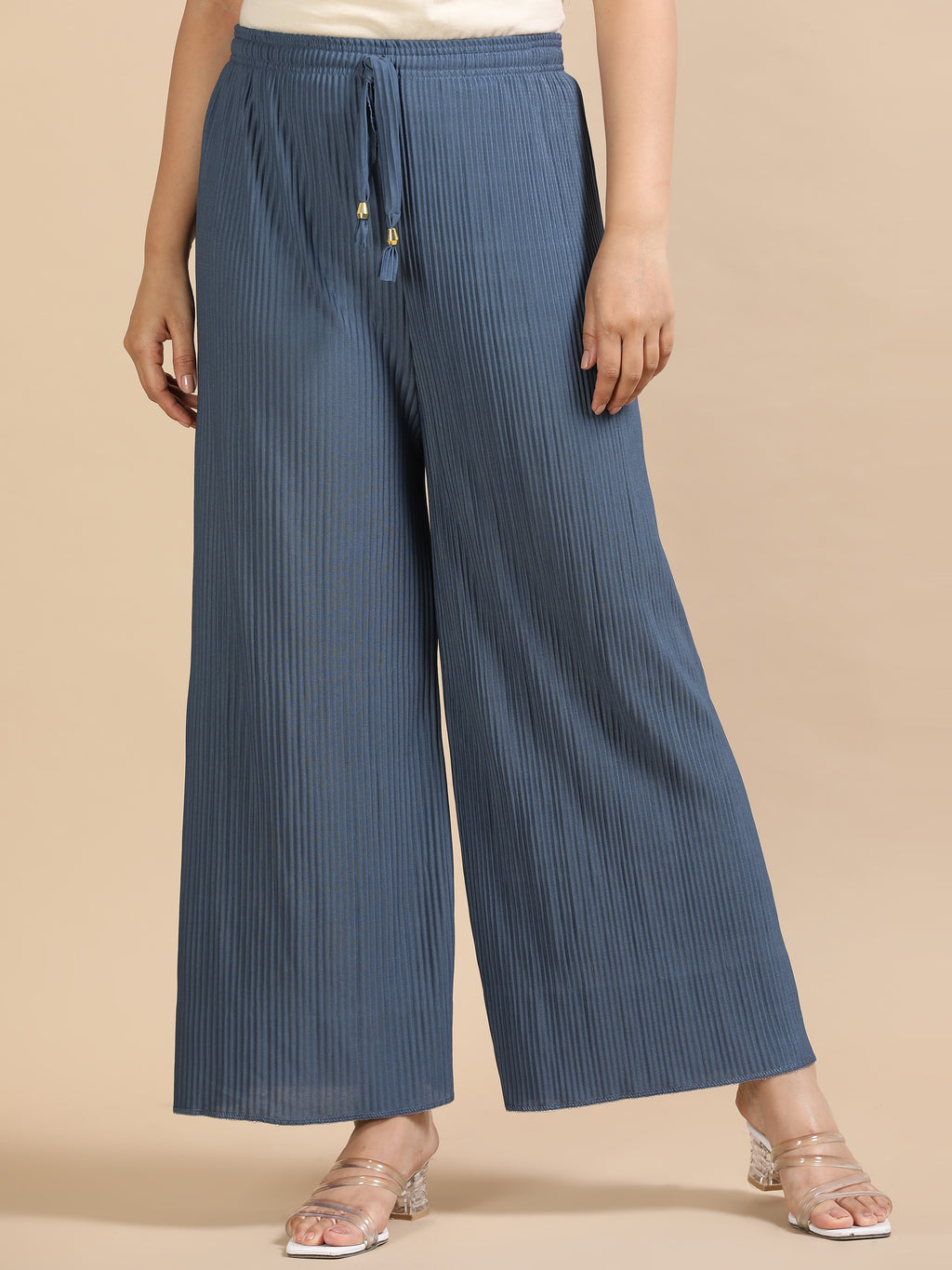 Women’s Solid Grey-Blue Pleated Wide-Leg Palazzo Pants with Elastic Drawstring Waist