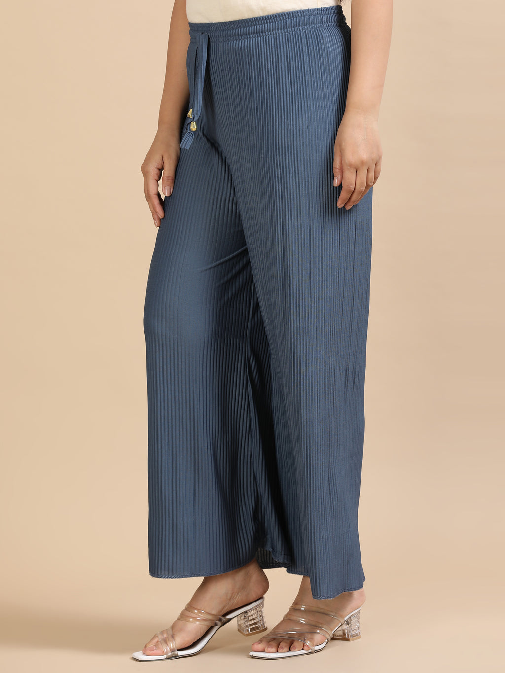 Women’s Solid Grey-Blue Pleated Wide-Leg Palazzo Pants with Elastic Drawstring Waist