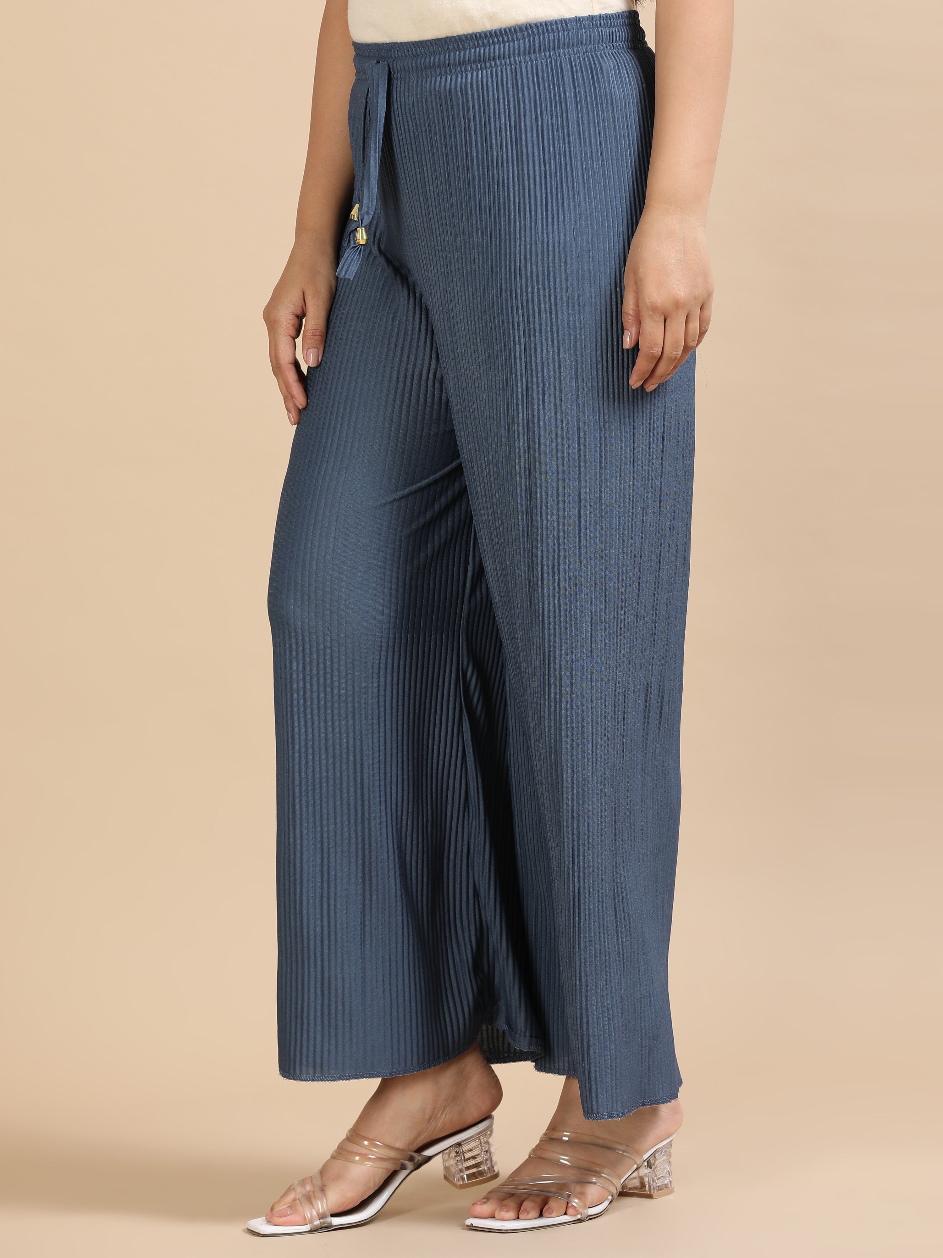 Women’s Solid Grey-Blue Pleated Wide-Leg Palazzo Pants with Elastic Drawstring Waist