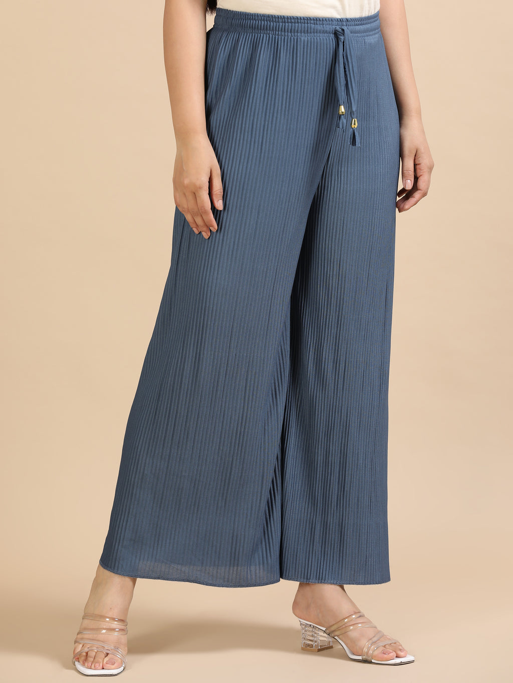Women’s Solid Grey-Blue Pleated Wide-Leg Palazzo Pants with Elastic Drawstring Waist