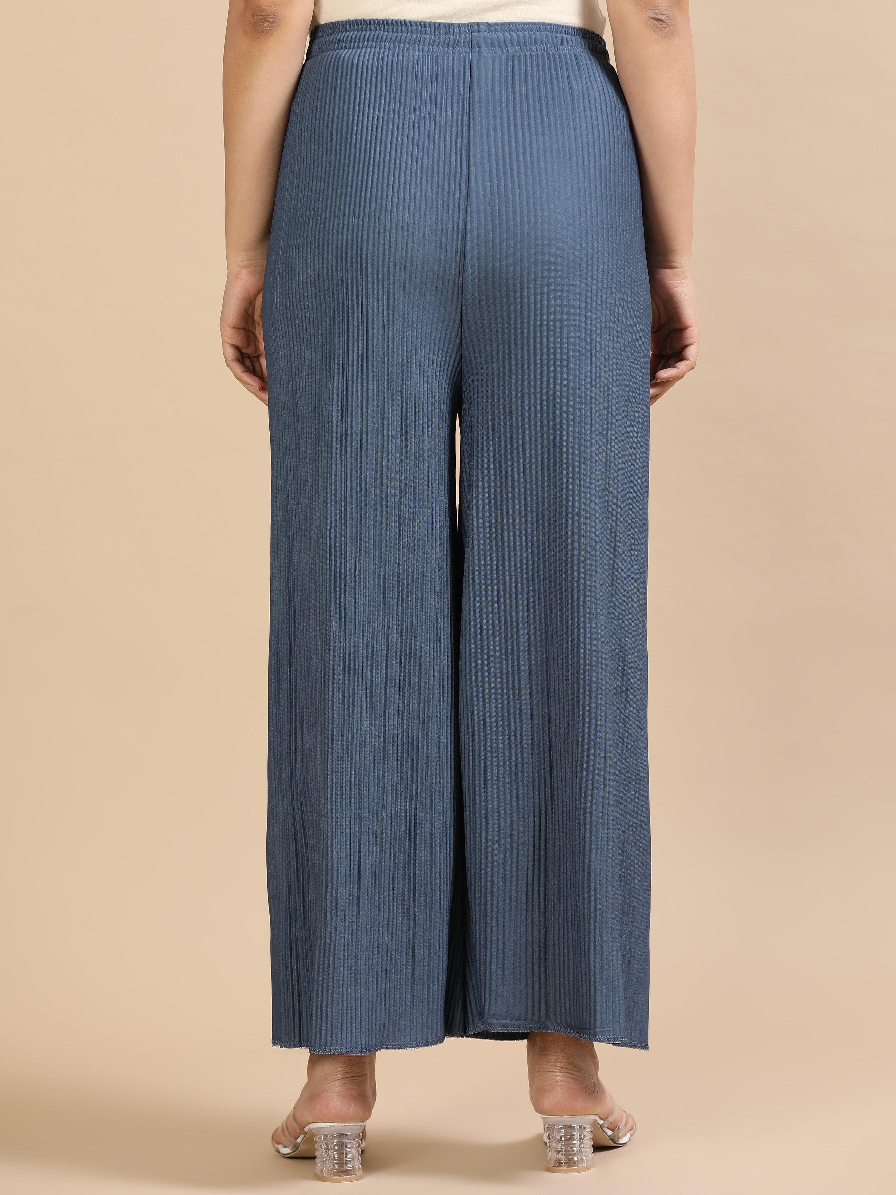 Women’s Solid Grey-Blue Pleated Wide-Leg Palazzo Pants with Elastic Drawstring Waist