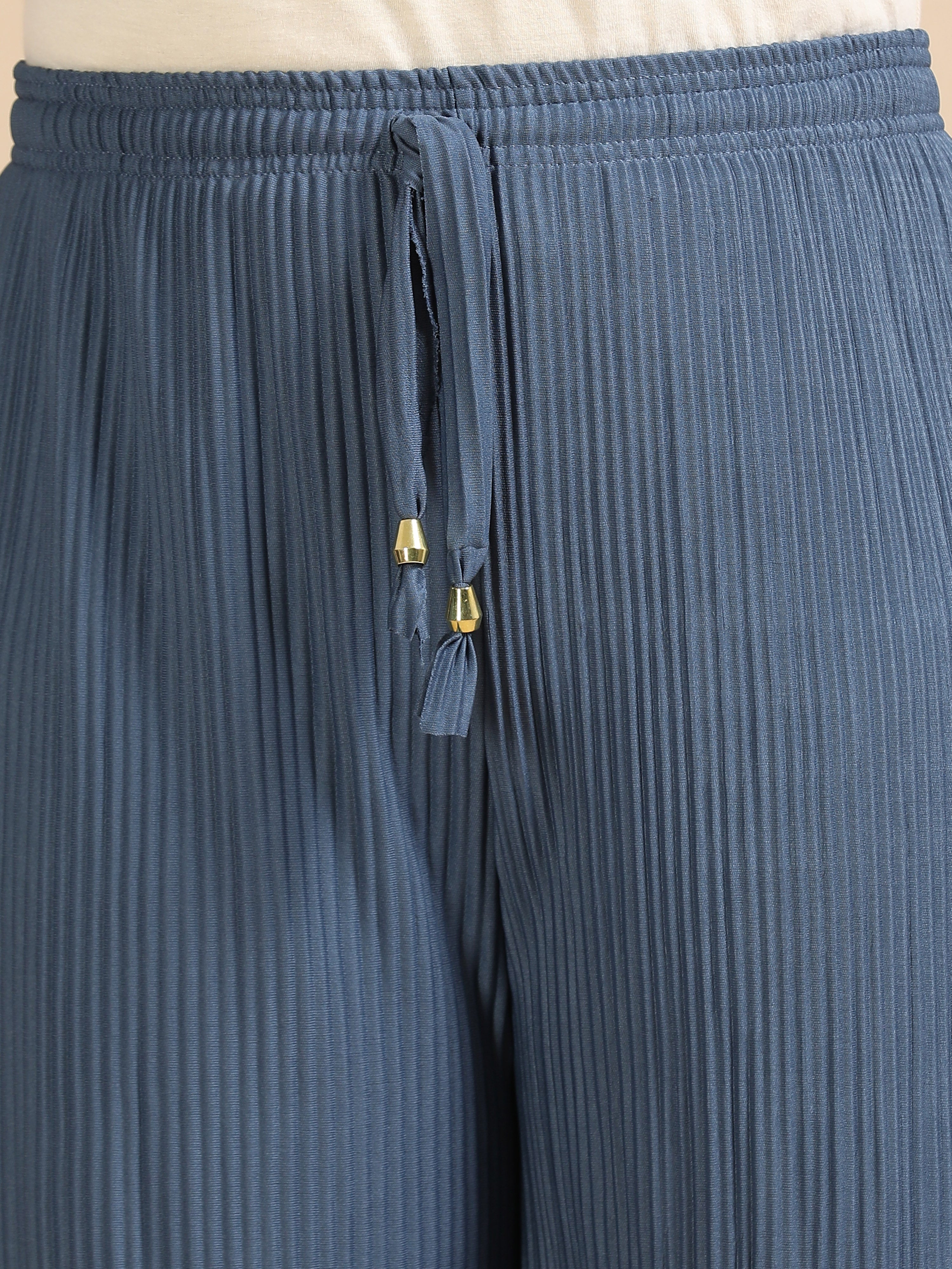 Women’s Solid Grey-Blue Pleated Wide-Leg Palazzo Pants with Elastic Drawstring Waist