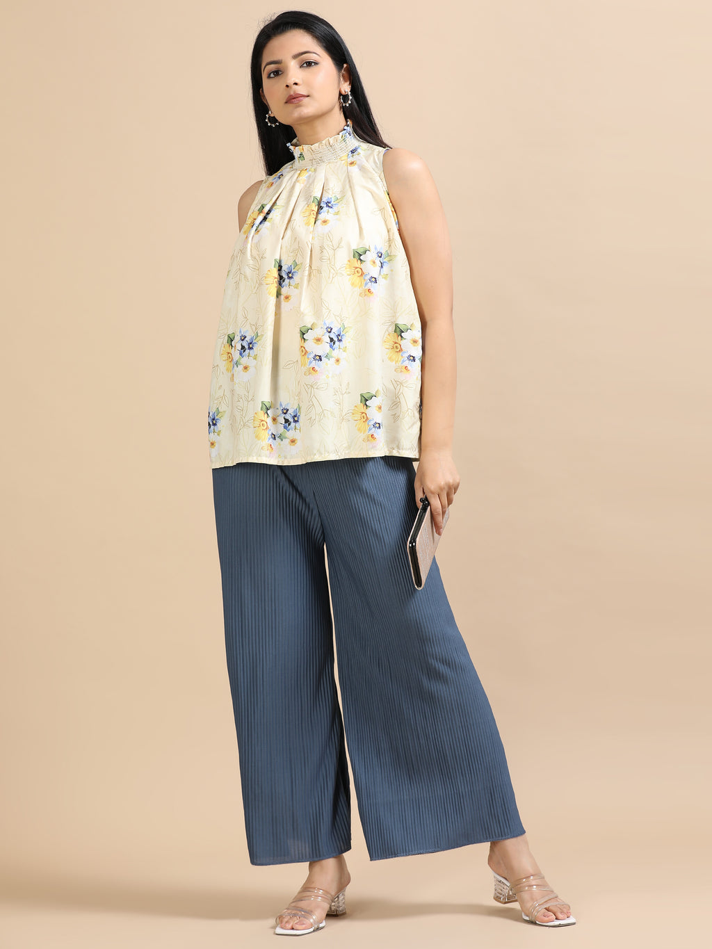 Women’s Solid Grey-Blue Pleated Wide-Leg Palazzo Pants with Elastic Drawstring Waist