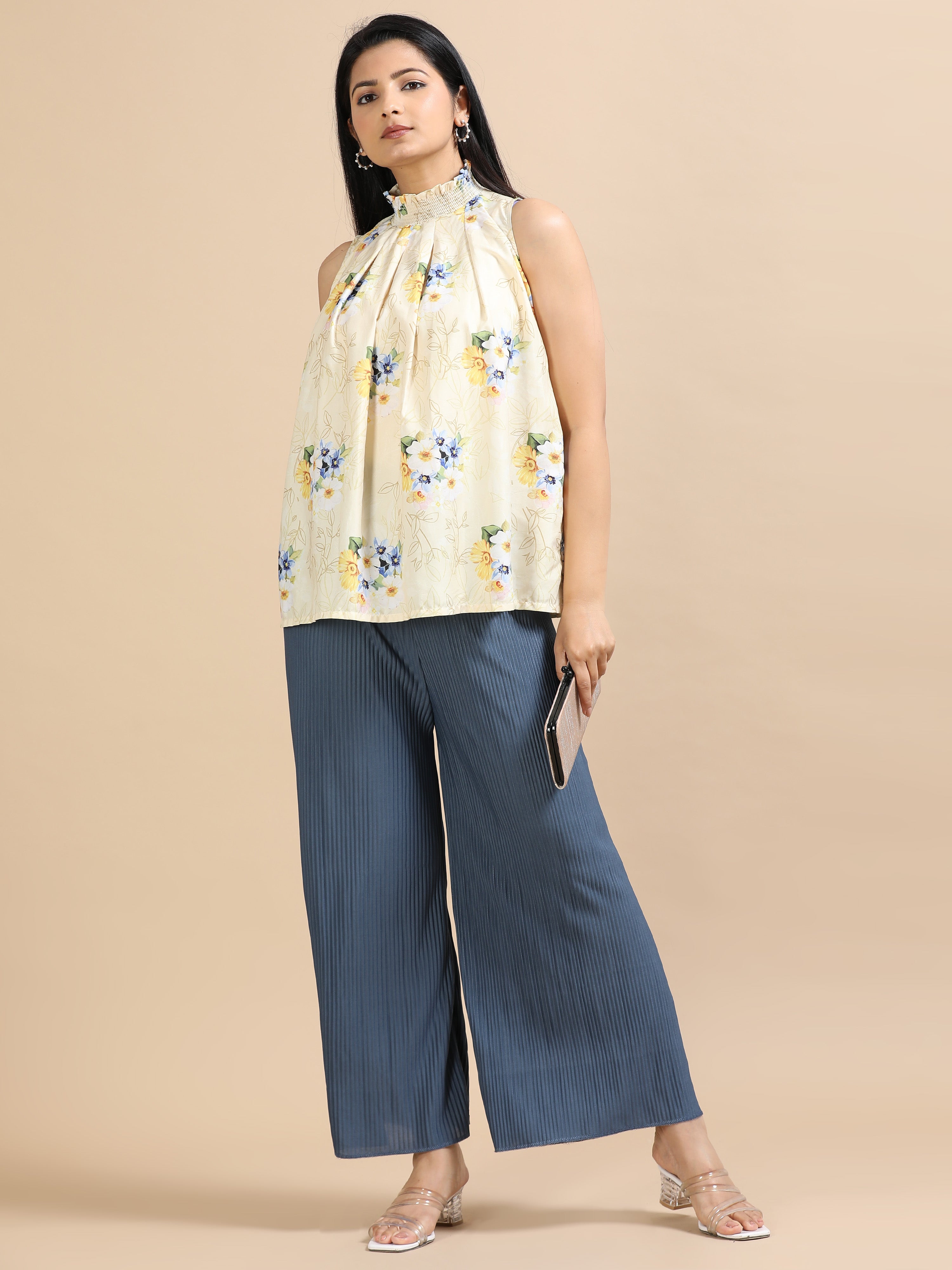 Women’s Solid Grey-Blue Pleated Wide-Leg Palazzo Pants with Elastic Drawstring Waist