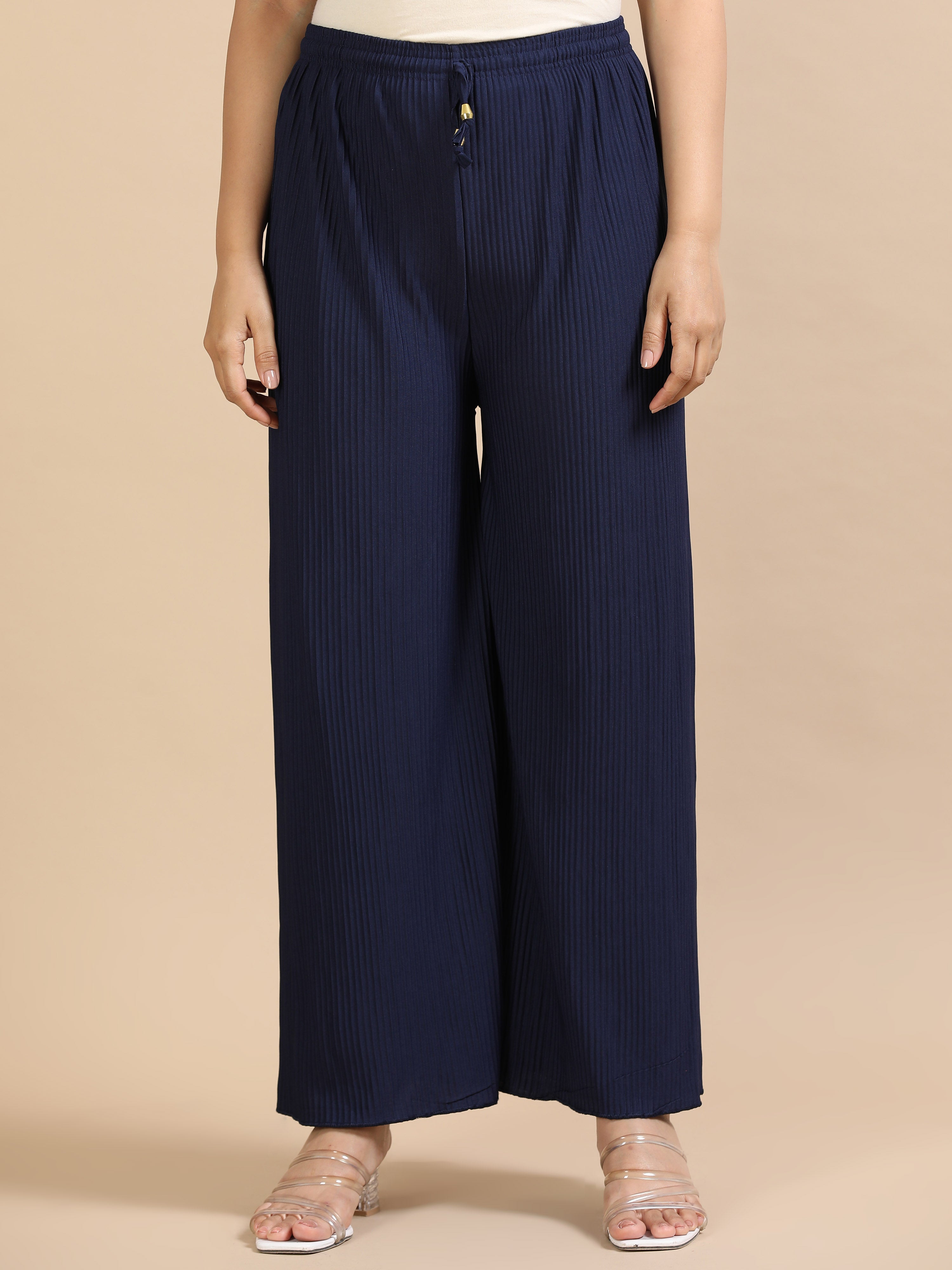 Women’s Solid Navy Blue Pleated Wide-Leg Palazzo Pants with Drawstring Waist