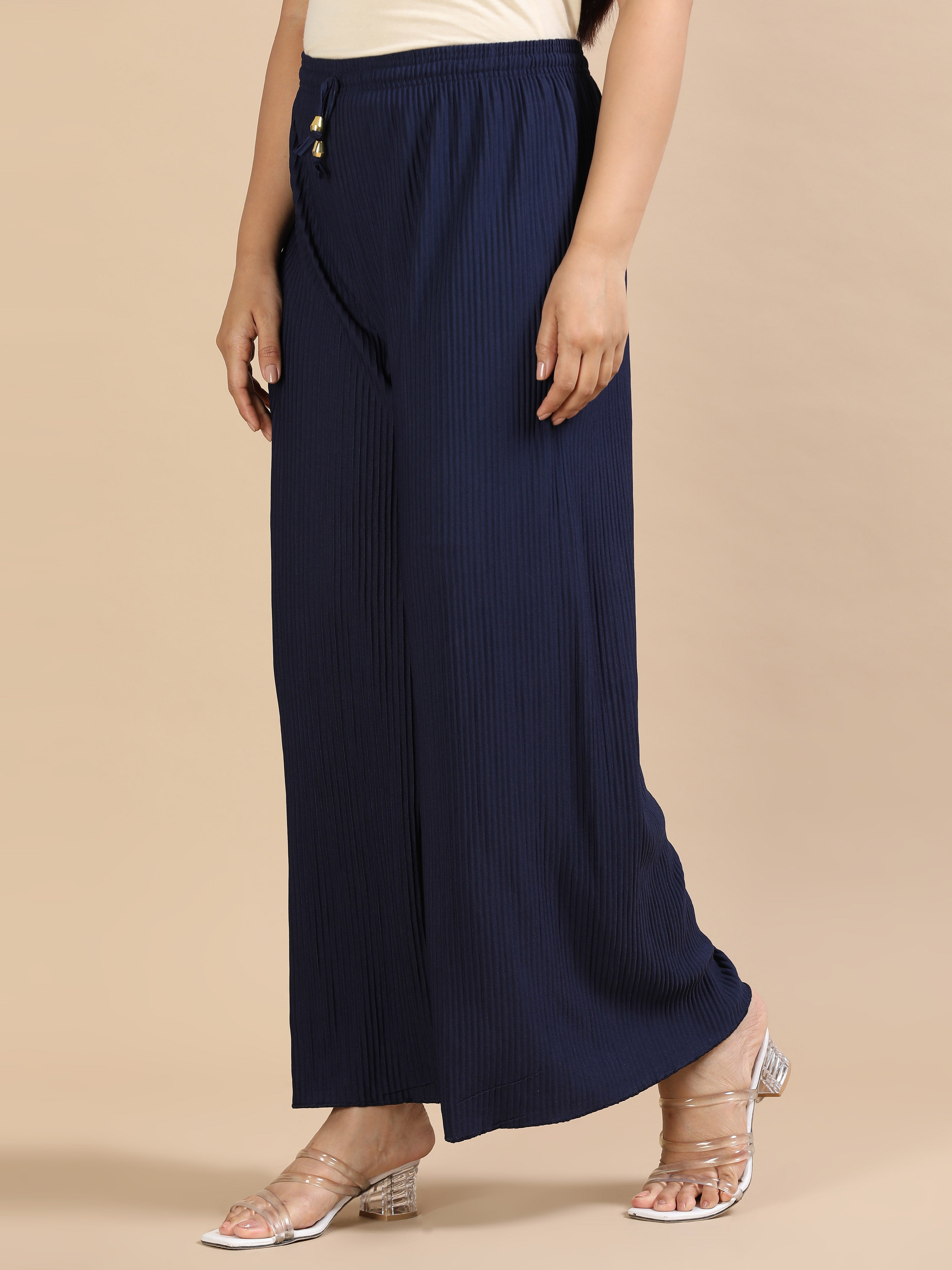 Women’s Solid Navy Blue Pleated Wide-Leg Palazzo Pants with Drawstring Waist