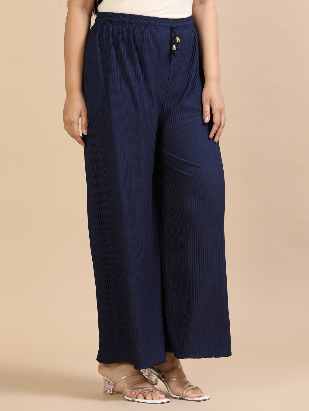 Women’s Solid Navy Blue Pleated Wide-Leg Palazzo Pants with Drawstring Waist
