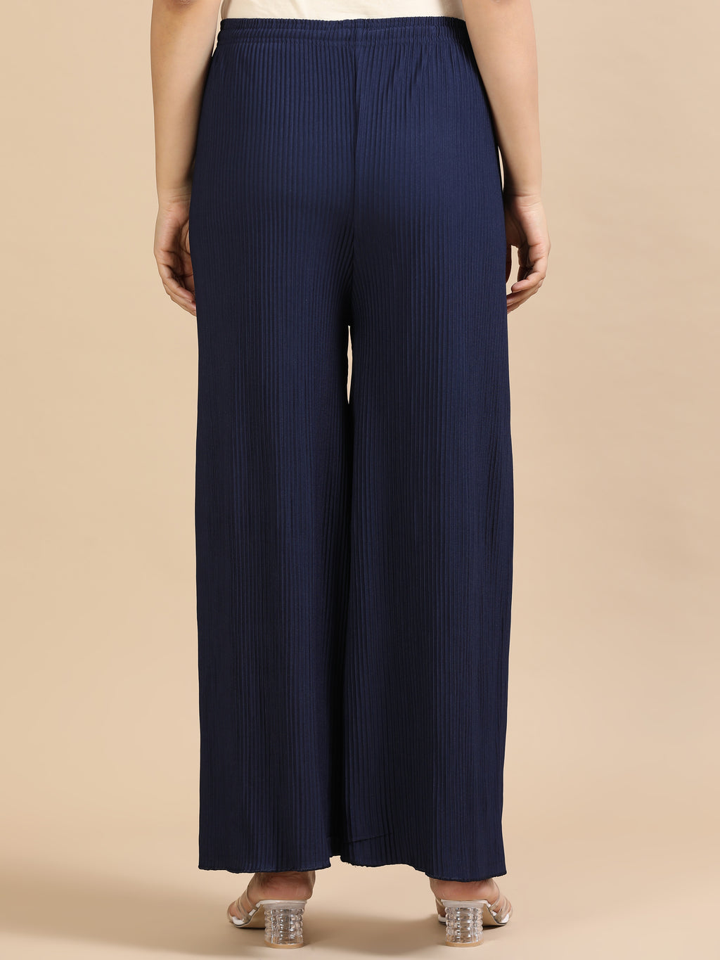 Women’s Solid Navy Blue Pleated Wide-Leg Palazzo Pants with Drawstring Waist