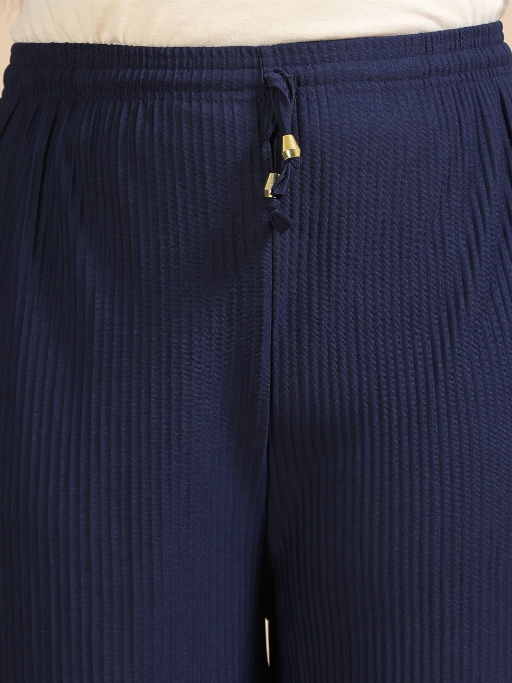 Women’s Solid Navy Blue Pleated Wide-Leg Palazzo Pants with Drawstring Waist